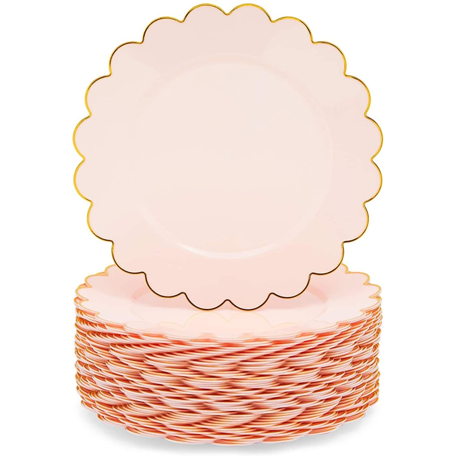 50 Pack Pink and Gold Plastic Plates - 9 Inch Scalloped Edge Disposable Plates with Elegant Gold Rim for Birthday Party, Baby Shower, Bridal Shower, Wedding, Anniversary & Holiday Celebrations