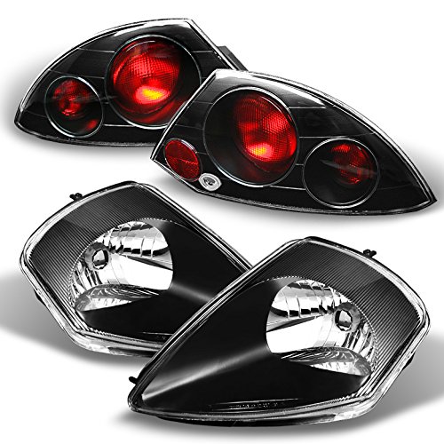 AKKON Black Bezel Headlights & Tail Lights Combo for Mitsubishi Eclipse - Replacement Left & Right Lamps - Perfect for Night Driving & Car Customization