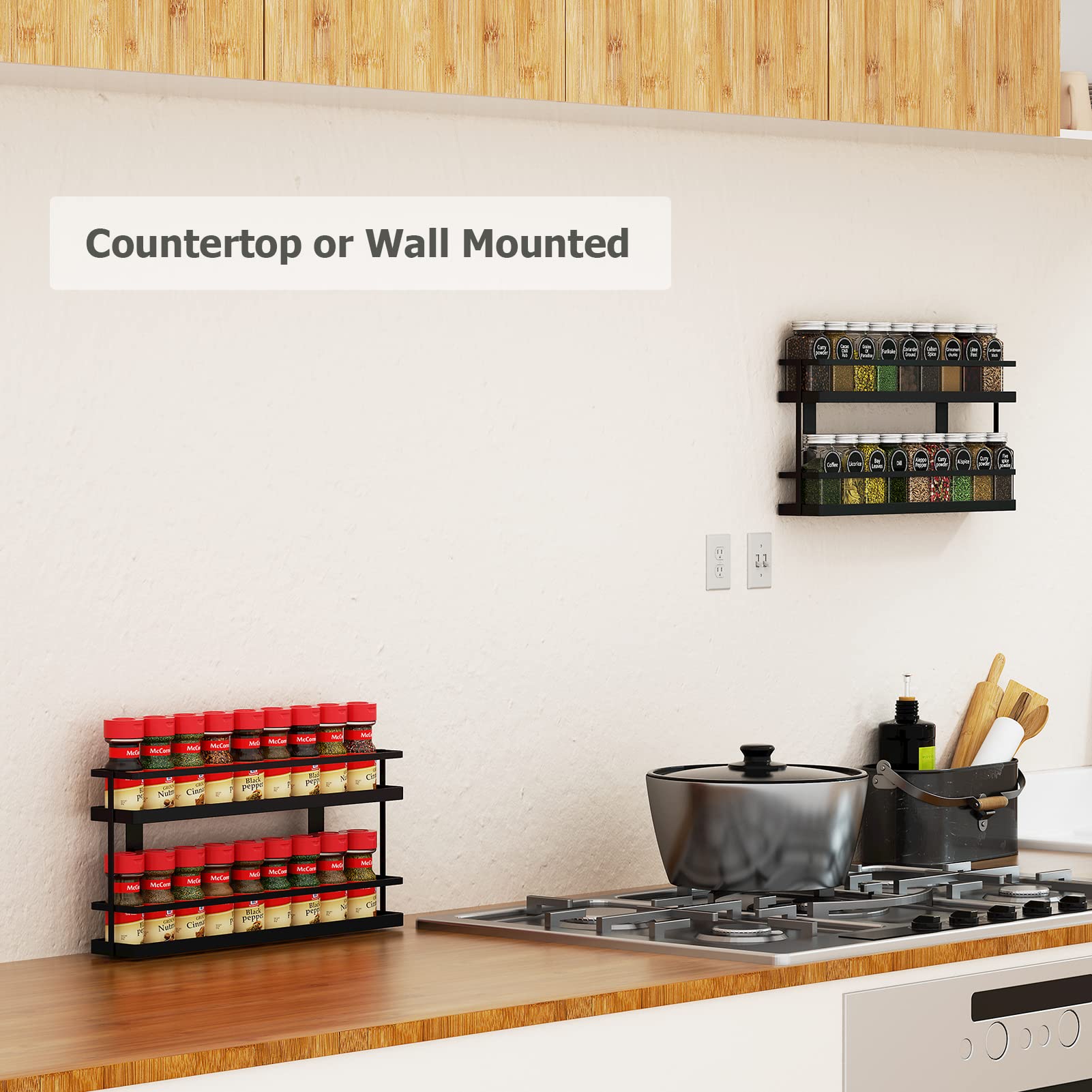 MEIQIHOME 4 Tier Spice Rack Organizer - Space Saving Kitchen Cabinet & Pantry Door Storage Shelf - Wall Mount or Countertop Spice Holder - Black - Perfect for Organizing Spices, Condiments & Small Kitchen Items