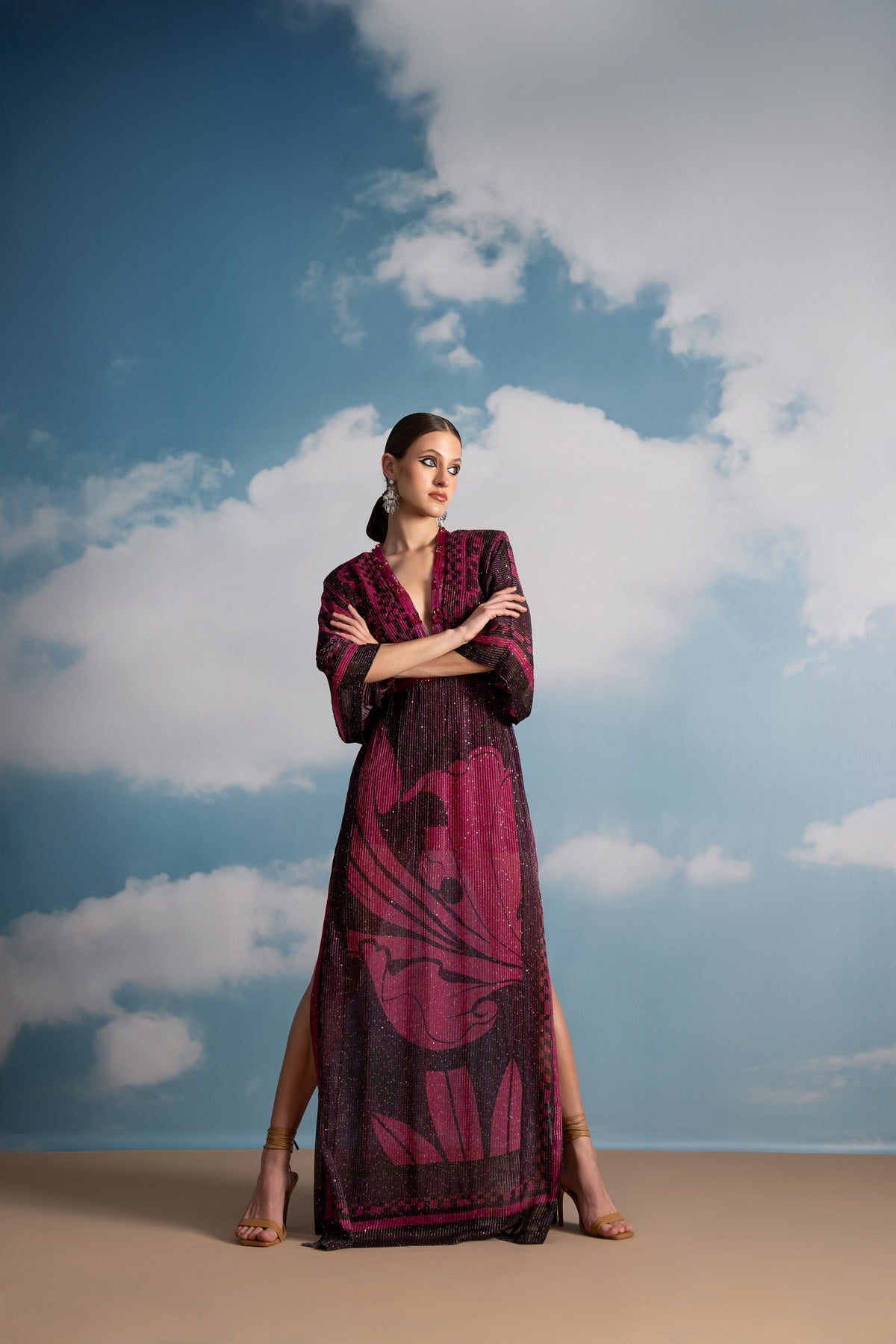 Elegant Fuchsia Pink Swirl Printed Kaftan with Beaded Embroidery - Perfect for Beach Cover-Up, Summer Parties & Boho Fashion