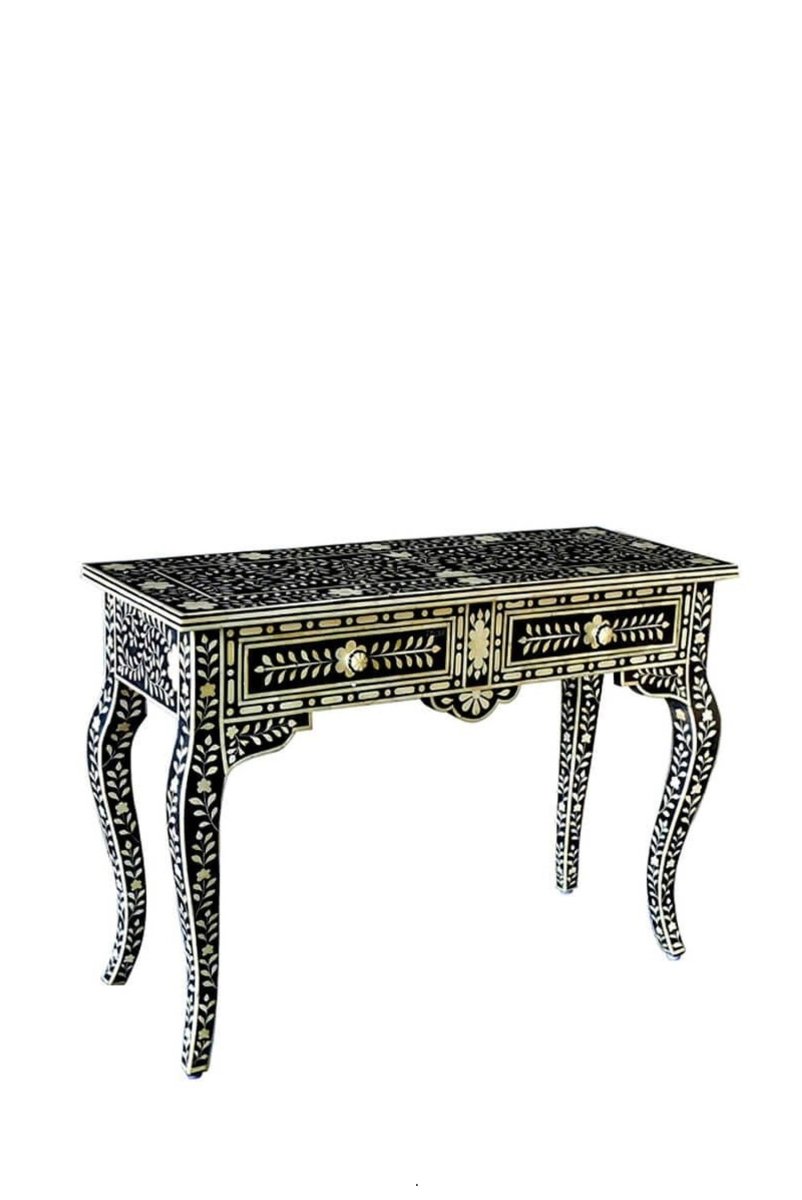 Handmade Bone Inlay Console Table with Two Drawers - Black Work Desk for Home Office, Entryway & Living Room | Elegant Storage & Workspace Solution