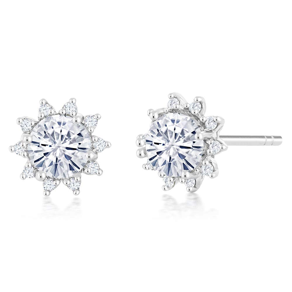 Gem Stone King 18K White Gold Gemstone Birthstone & White Diamond Halo Stud Earrings for Women | Elegant White Gold Jewelry Gift for Anniversary, Birthday & Special Occasions