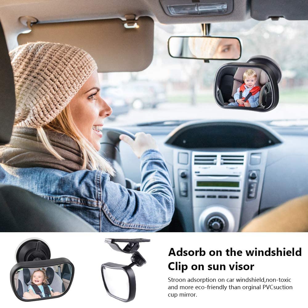 Qiwenr 360° Adjustable Shatter-Resistant Baby Car Mirror - Rearview Mirror for Toddlers & Infants with Suction Cups & Clips | Safe Back Seat Stroller Mirror for Car Travel & Road Trips