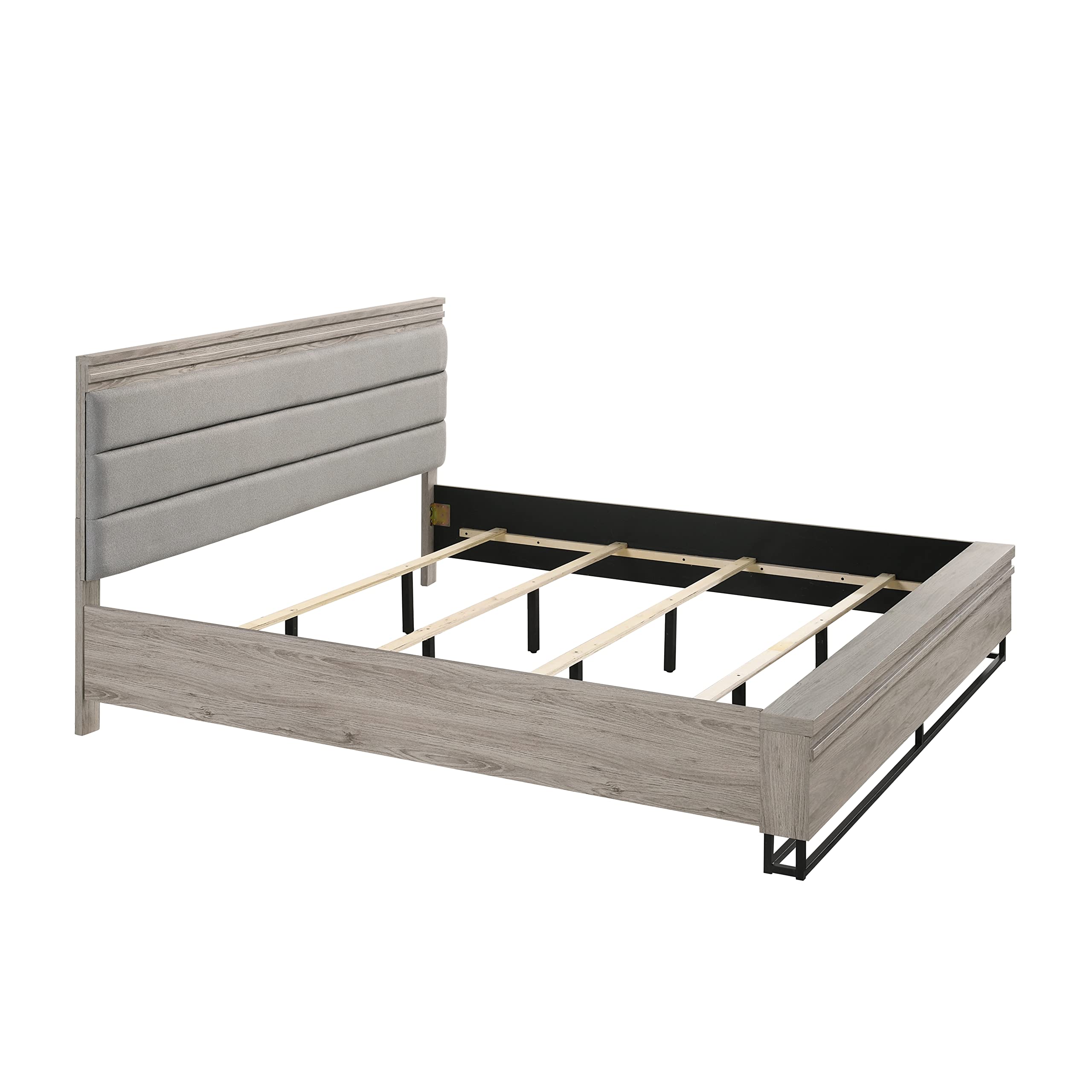 Roundhill Furniture Alvear Upholstered Wood Wallbed with White LED Lights, Dresser, Mirror, Chest & 2 Nightstands - King Size Murphy Bed for Small Spaces & Guest Rooms - Space Saving Bedroom Set with Storage & Modern Lighting