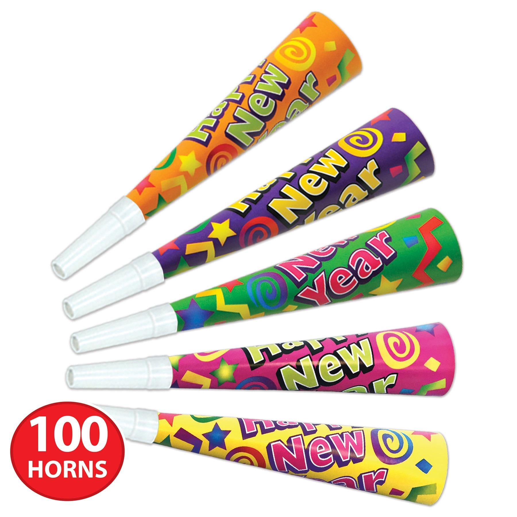 100 Pack Beistle Color Brite New Years Party Horns - Vibrant Noise Makers for New Year's Eve Celebrations, Birthday Parties & Festive Events