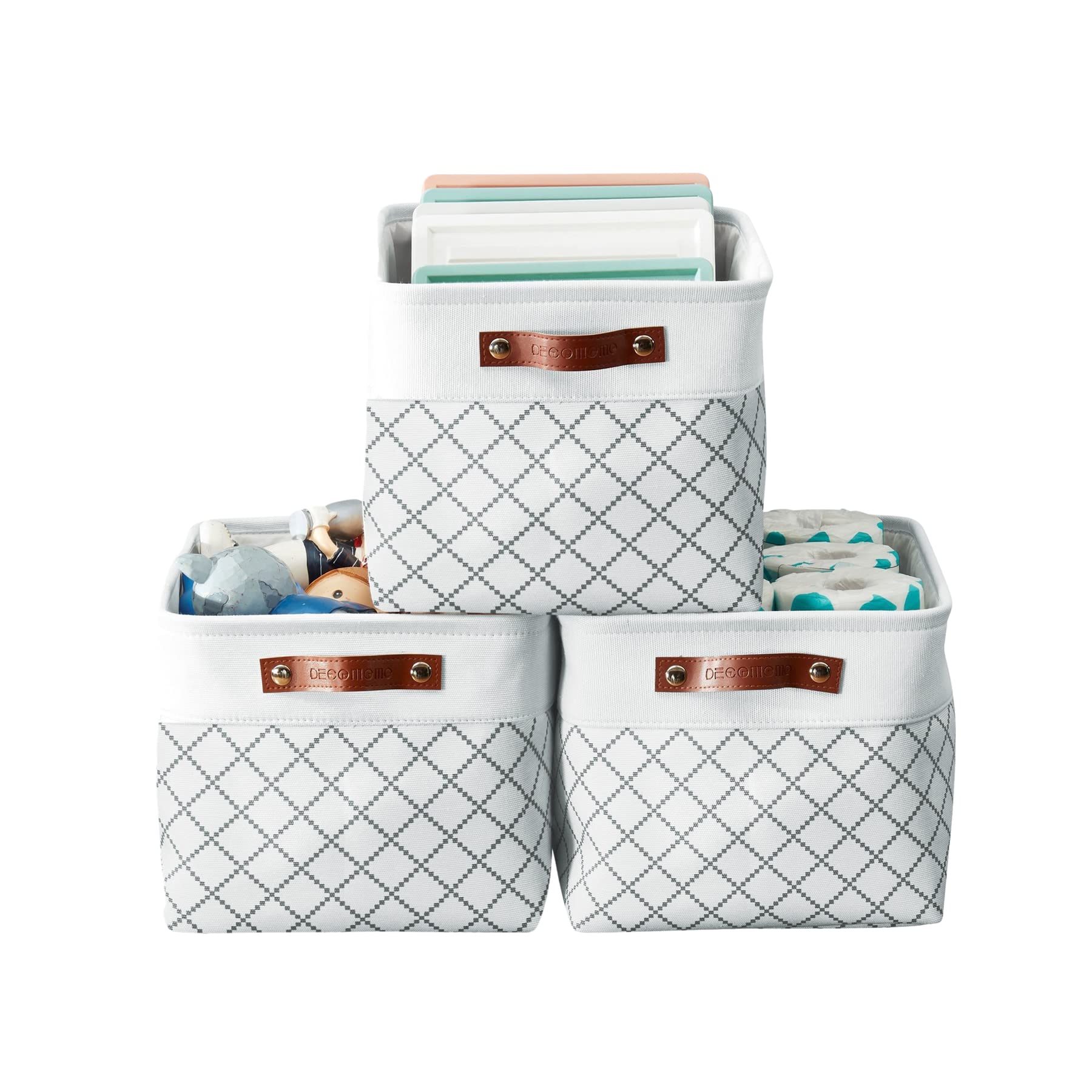 DECOMOMO White Fabric Storage Bins - Large 3-Pack Organizing Baskets for Shelves, Closet, Nursery & Toy Storage | Perfect for Home Organization, Baby Room & Playroom (White Check Pattern)