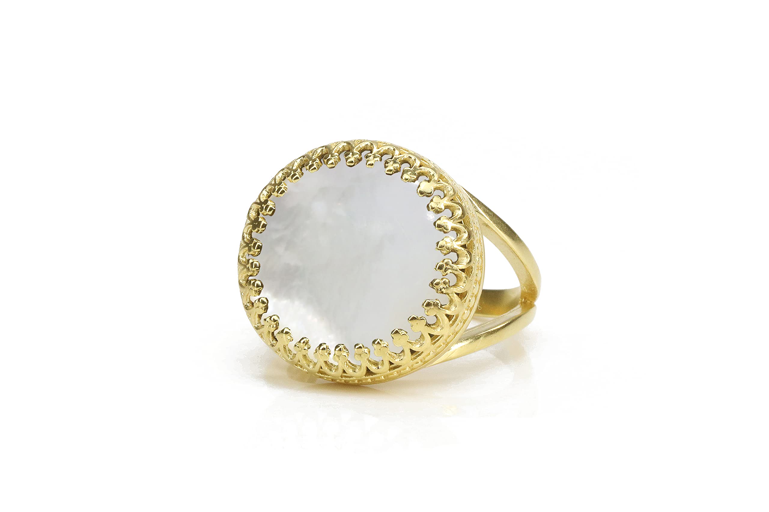 14K Gold Filled Mother of Pearl Ring for Women - Round Anemone Jewelry with Pearl Accents - Perfect Birthstone Gift, Engagement Ring & 30th Anniversary Present (Includes Jewelry Box) | Elegant Everyday Wear, Special Occasions & Romantic Gifts