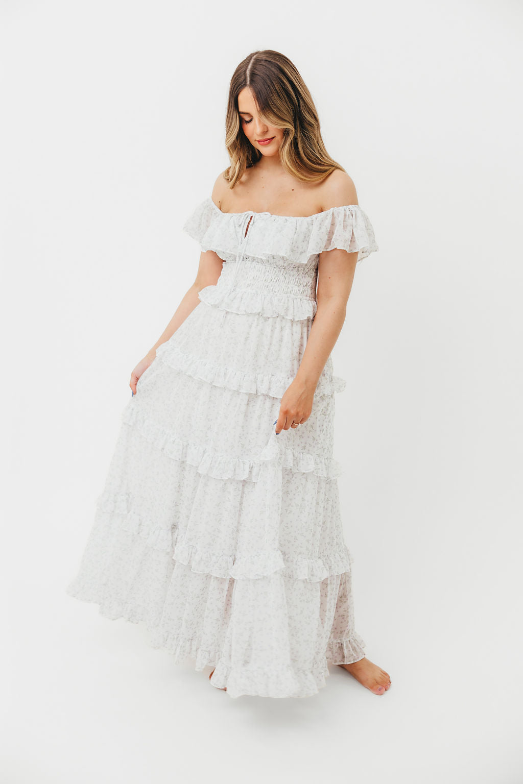 Astrid Ruffle Detail Maxi Dress - Lavender Floral Maternity Dress for Bump Friendly Comfort | Perfect for Baby Showers, Summer Weddings & Beach Vacations