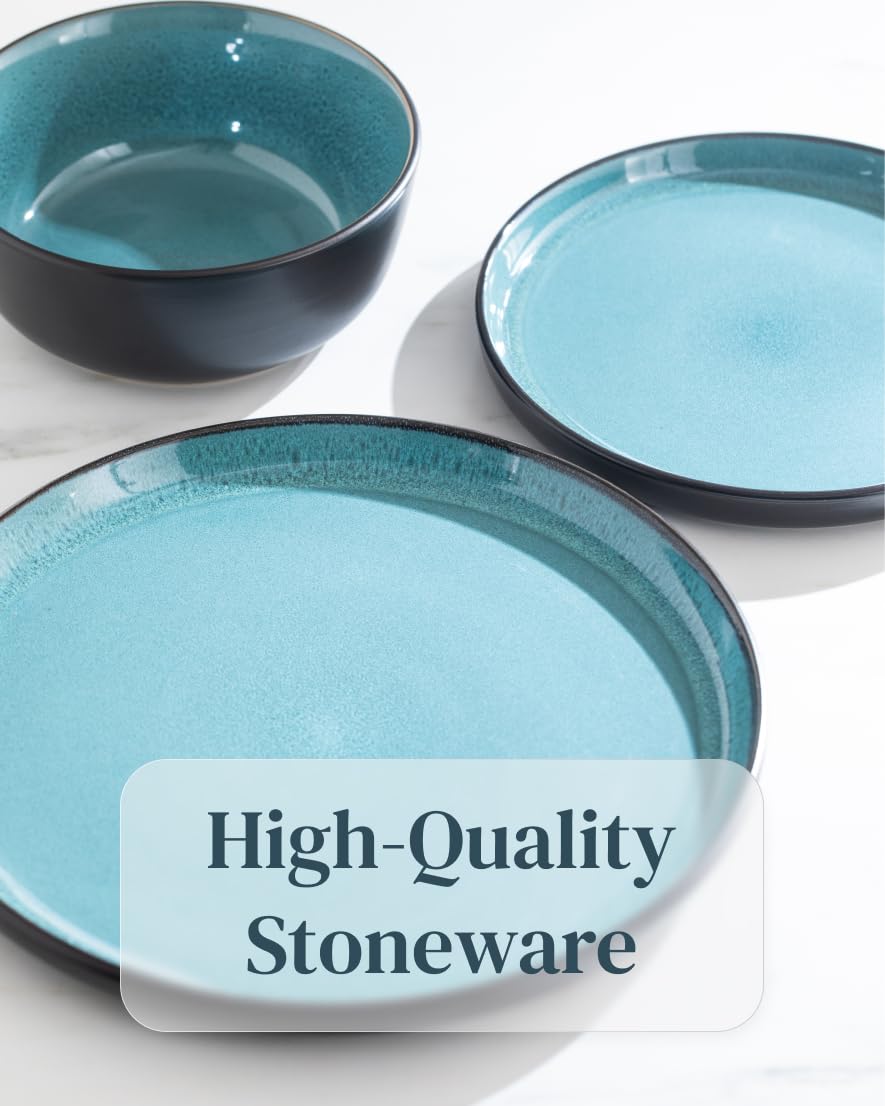 12-Piece Modern Stoneware Dinnerware Set for 4 - Scratch Resistant & Dishwasher Safe Plates & Bowls - Black & Petrol Blue Ceramic Tableware - Perfect for Everyday Dining, Dinner Parties & Family Gatherings