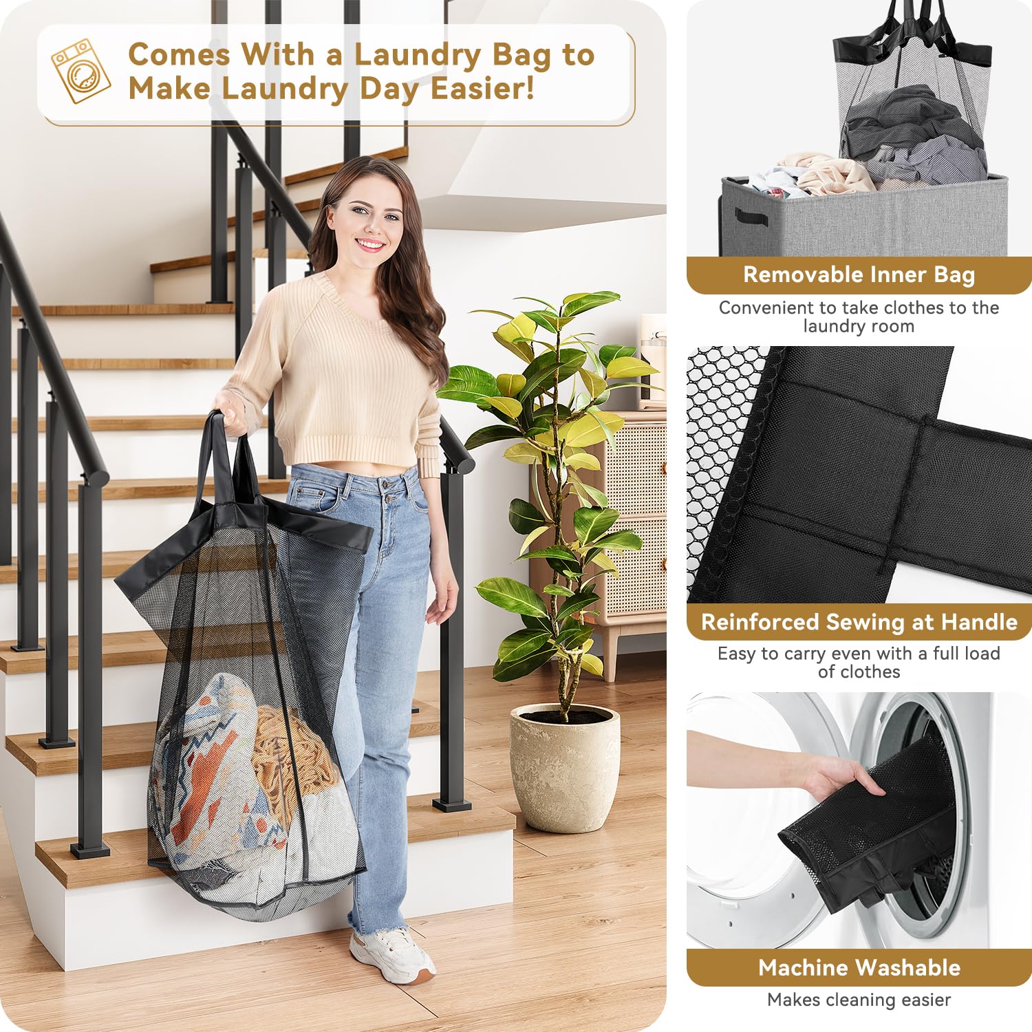 SOLEDI 145L Rolling Laundry Basket with Wheels - 2 Section Laundry Hamper Organizer with Removable Bag, Smooth Wheels for Easy Transport - Perfect for Bedroom, Laundry Room & Dorm Organization