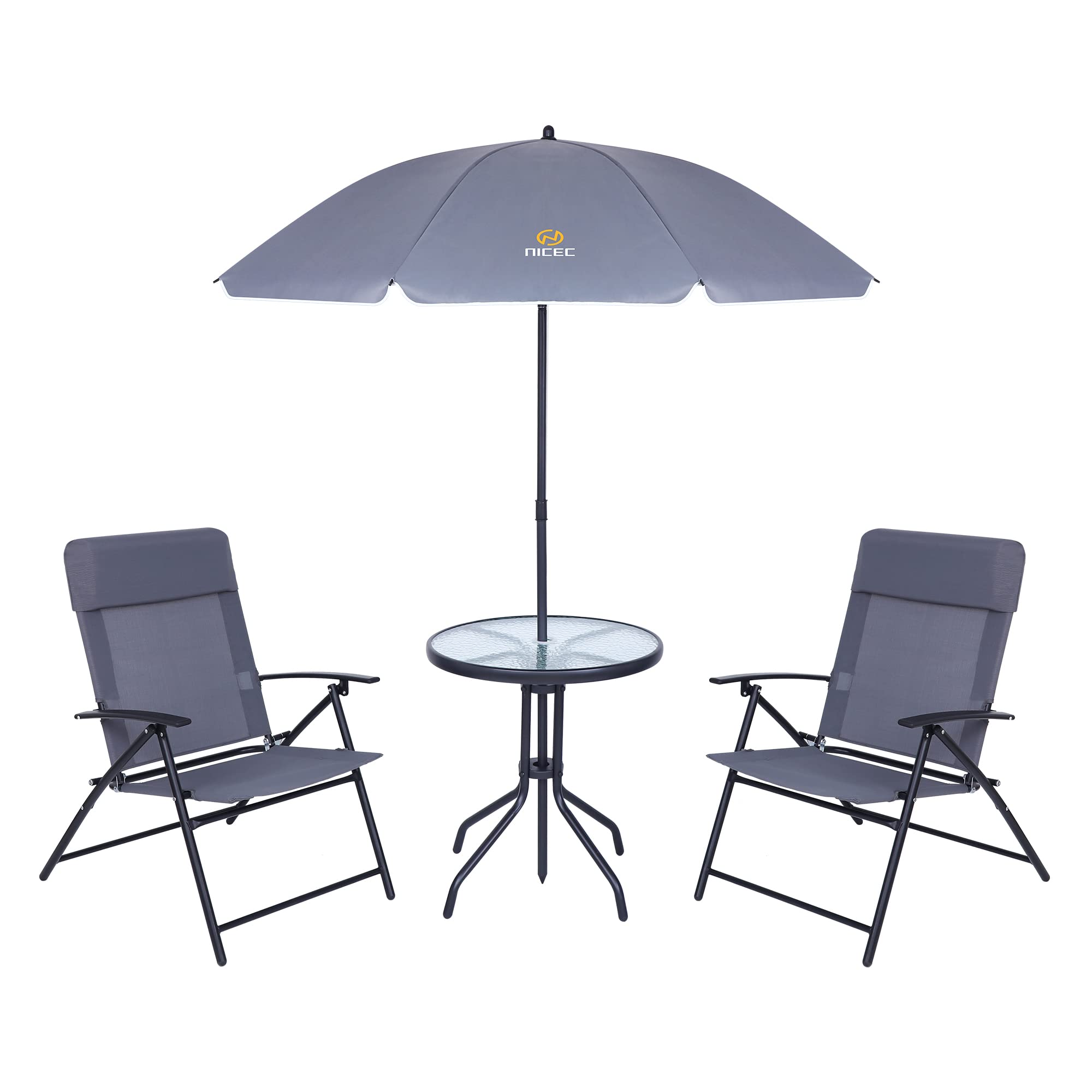 Premium 4-Piece Outdoor Patio Dining Set with Glass Table, 2 Folding Chairs & Adjustable Tilt Umbrella - Grey - Perfect for Garden, Backyard, Poolside & Balcony Relaxation