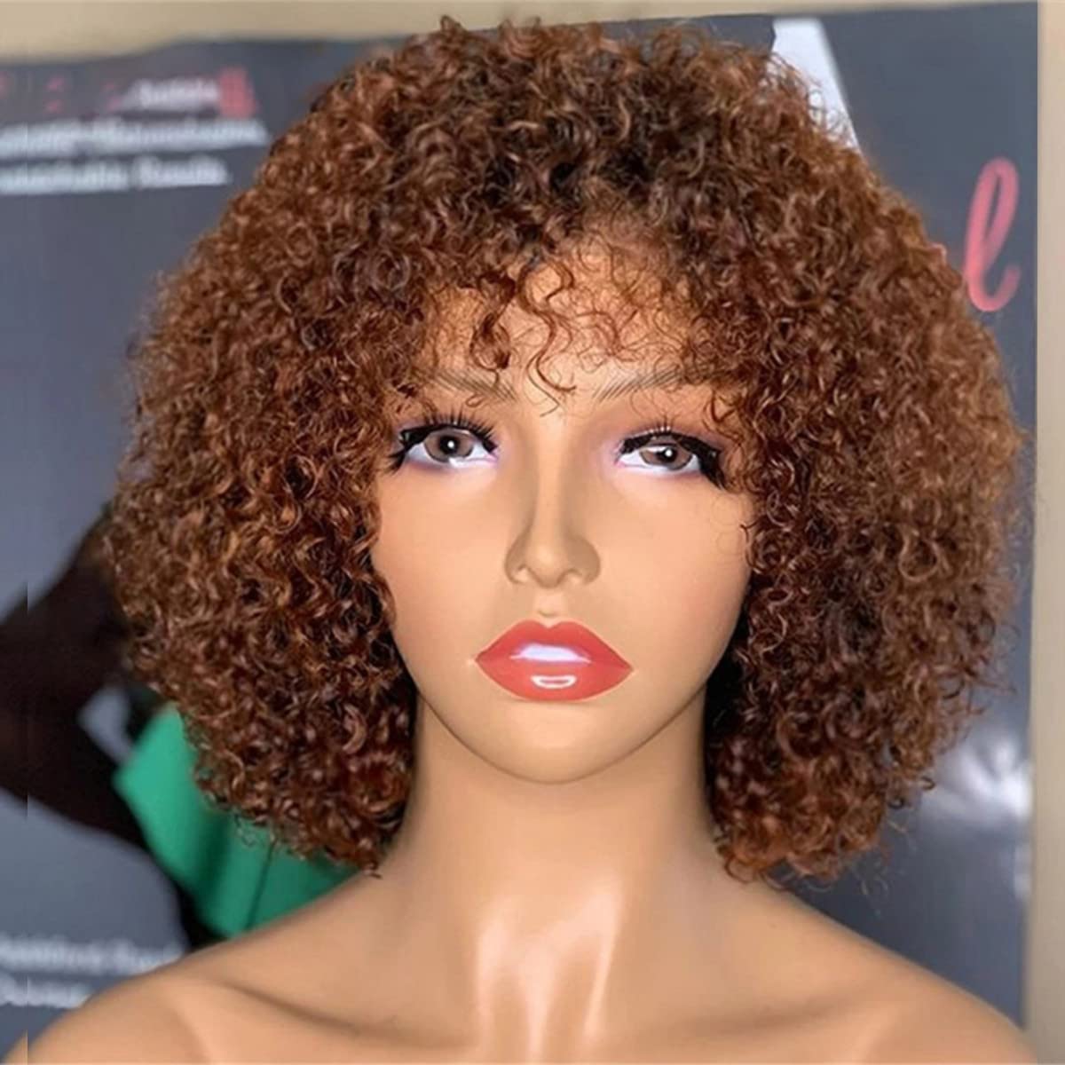 Ombre Brown Short Bob Curly Wig with Bangs - 180% Density Human Hair Wig for Black Women | Jerry Curly Pixie Cut | Afro Curly Remy Hair Wig (Dark Brown Roots) - Perfect for Daily Wear, Parties & Cosplay
