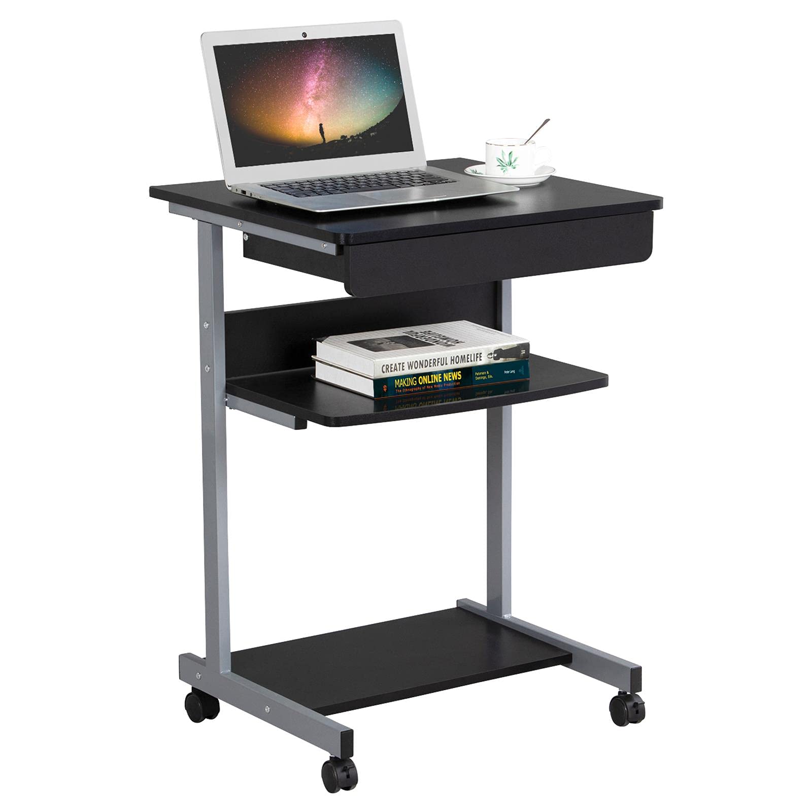 Topeakmart Mobile Compact Computer Desk Cart with Wheels - Small Space Workstation, Writing Desk with Drawers & Printer Shelf | Ideal for Home Office, Dorm Room, and Small Apartment Workspaces