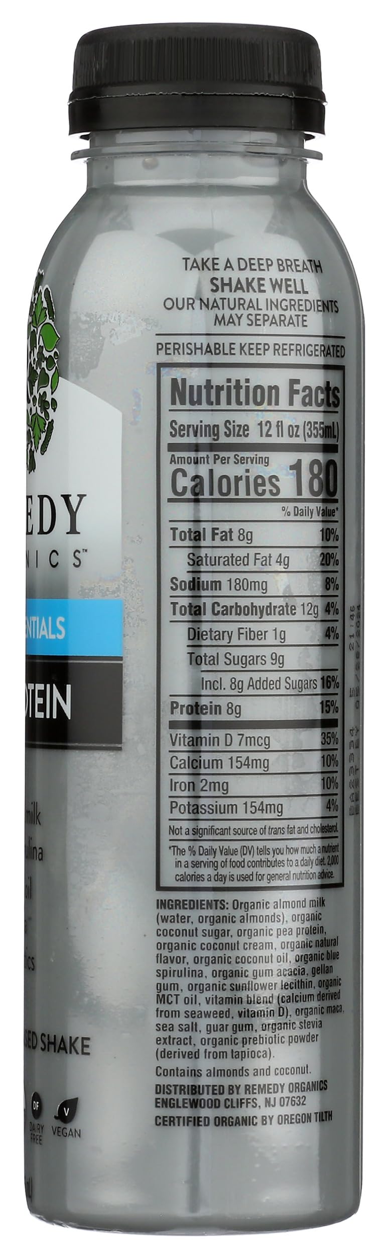 Remedy Organics Blue Essentials 12 Fl Oz - USDA Organic Plant Based Protein Shakes | Ready to Drink Vegan Protein Shake | Gluten Free, Dairy Free, Soy Free | Perfect for Post-Workout Recovery & Healthy Breakfast On-The-Go