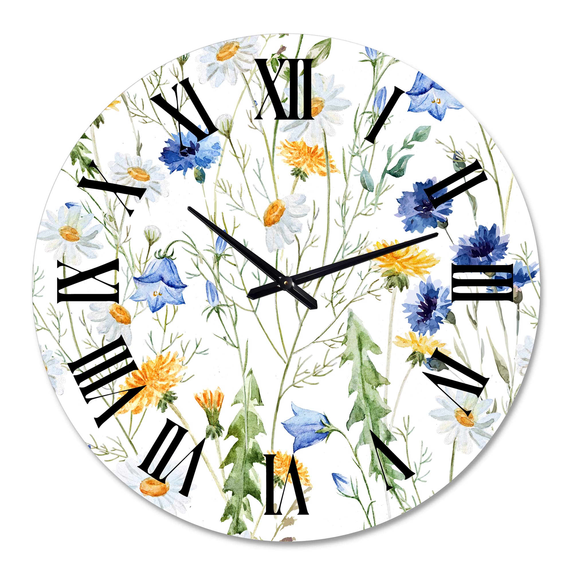 Wildflowers Chamomile and Clover Bell II - Large Traditional Wall Clock with Floral & Botanical Design for Bedroom, Living Room, and Office Decor | Silent Non-Ticking Mechanism