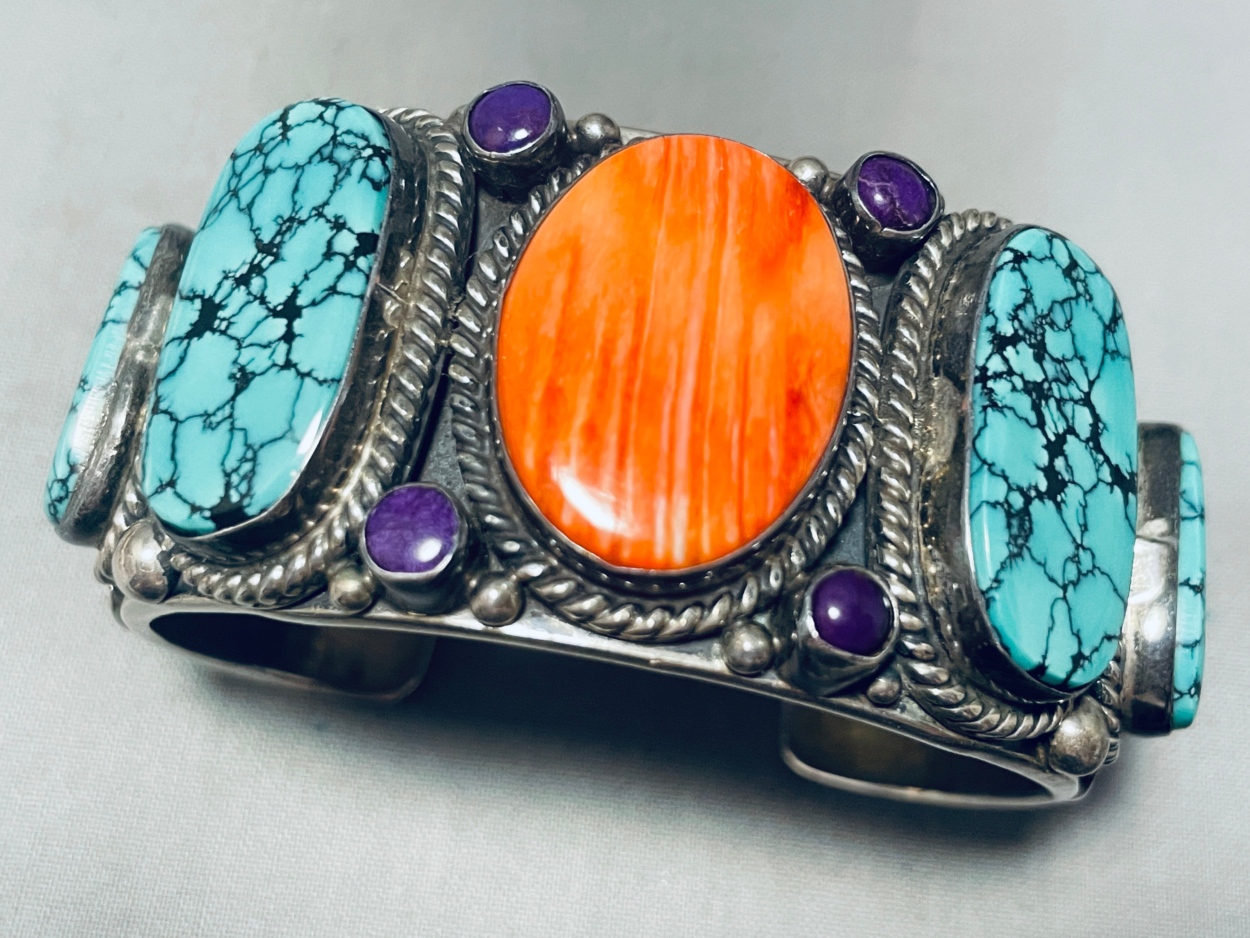 127 Grams!! Vintage Native American Navajo Spiderweb Turquoise Sterling Silver Shell Bracelet