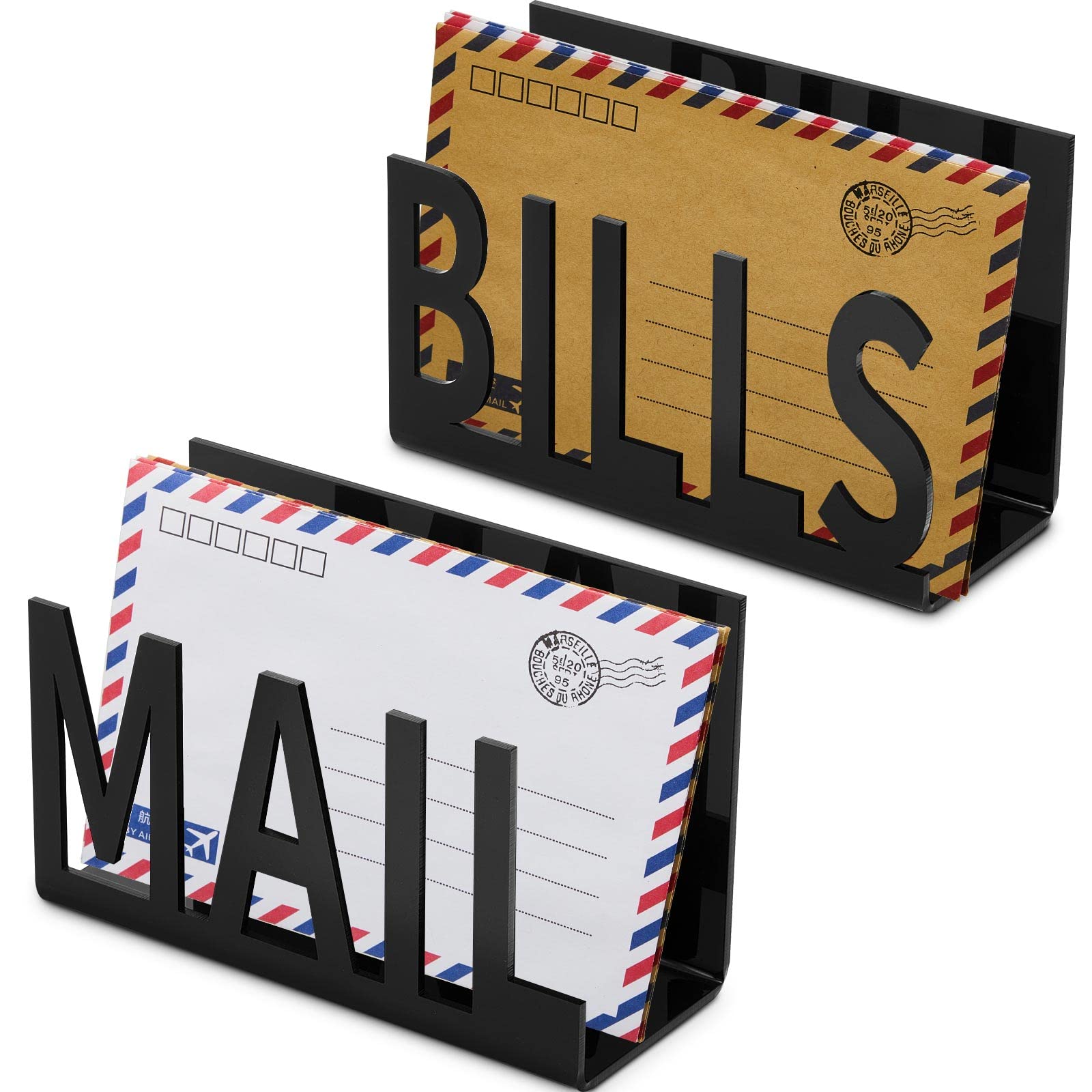 2-Pack Black Desk Mail Organizer - Vertical Letter & Bill Holder with Hollow Design - Perfect for Office, Home, or Workspace Organization