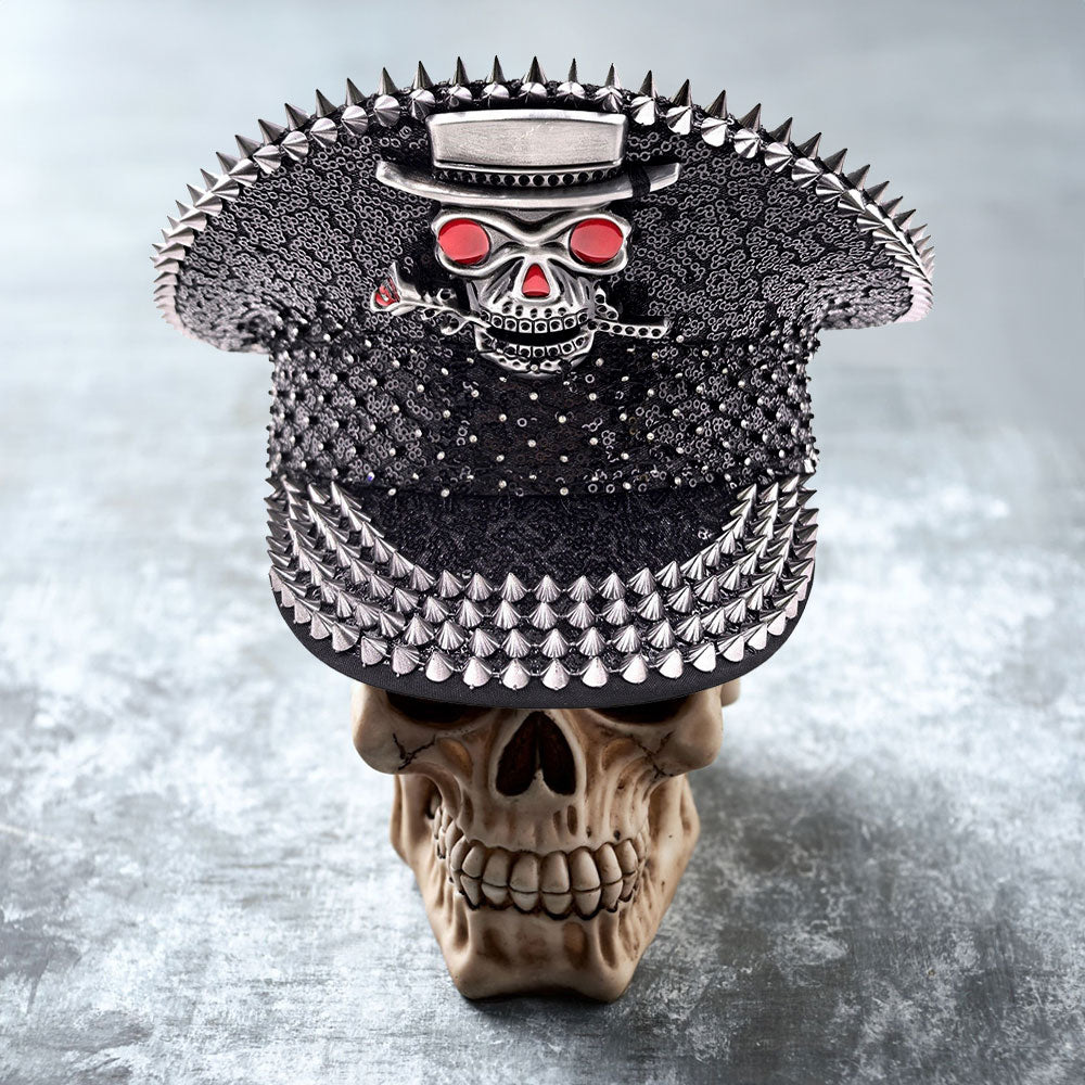 Black Skull Punk Spiked Studded Captain Hat for Men - Gothic Pirate Costume Accessory for Halloween, Cosplay, and Rock Fashion