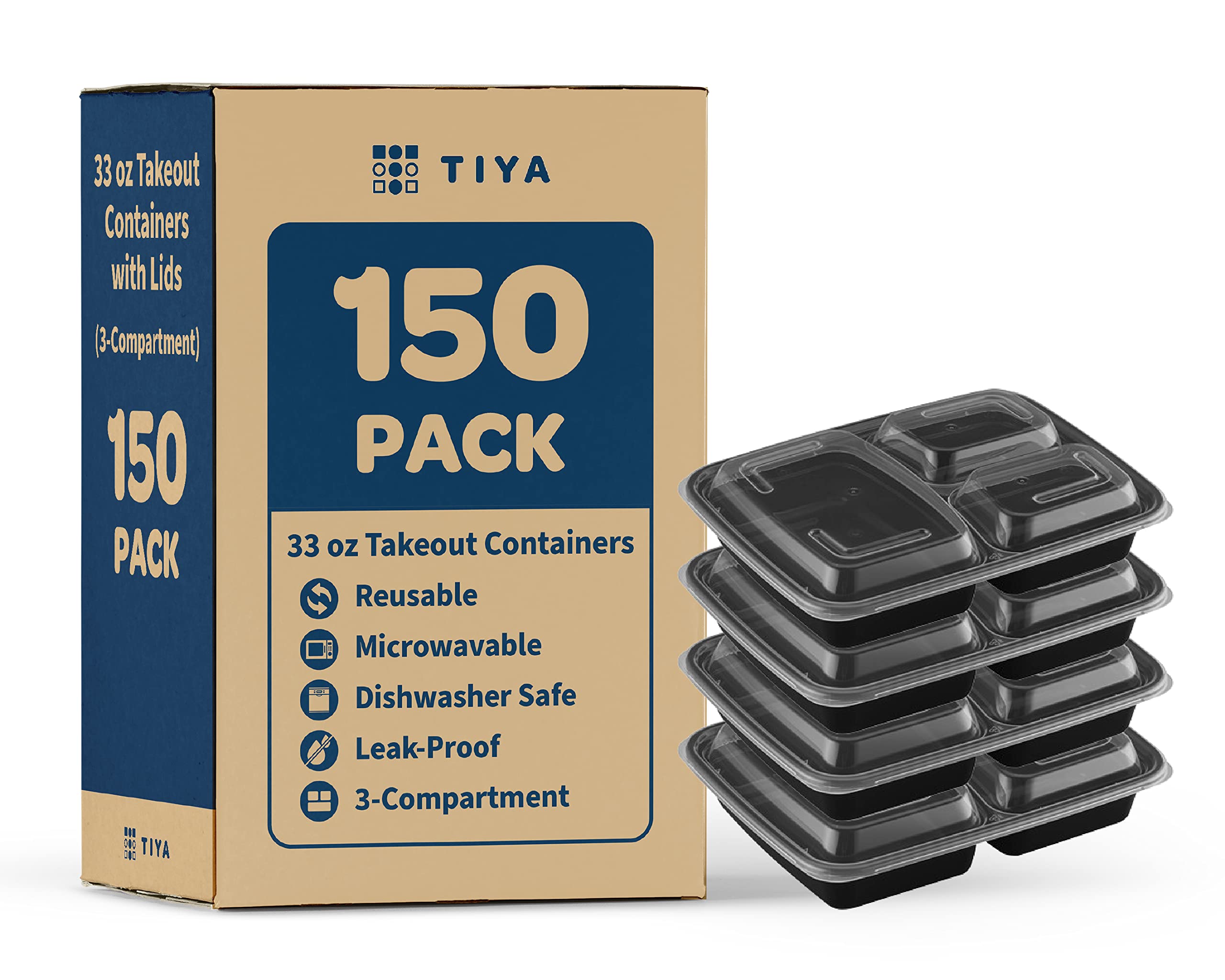 TIYA 33 oz Takeout Food Containers Bulk 150 Pack with Lids - Reusable BPA-Free Plastic Compartment To-Go Boxes - Microwave & Dishwasher Safe for Restaurants, Meal Prep, Catering & Leftovers Storage - Leak-Proof Design for Secure Food Transport