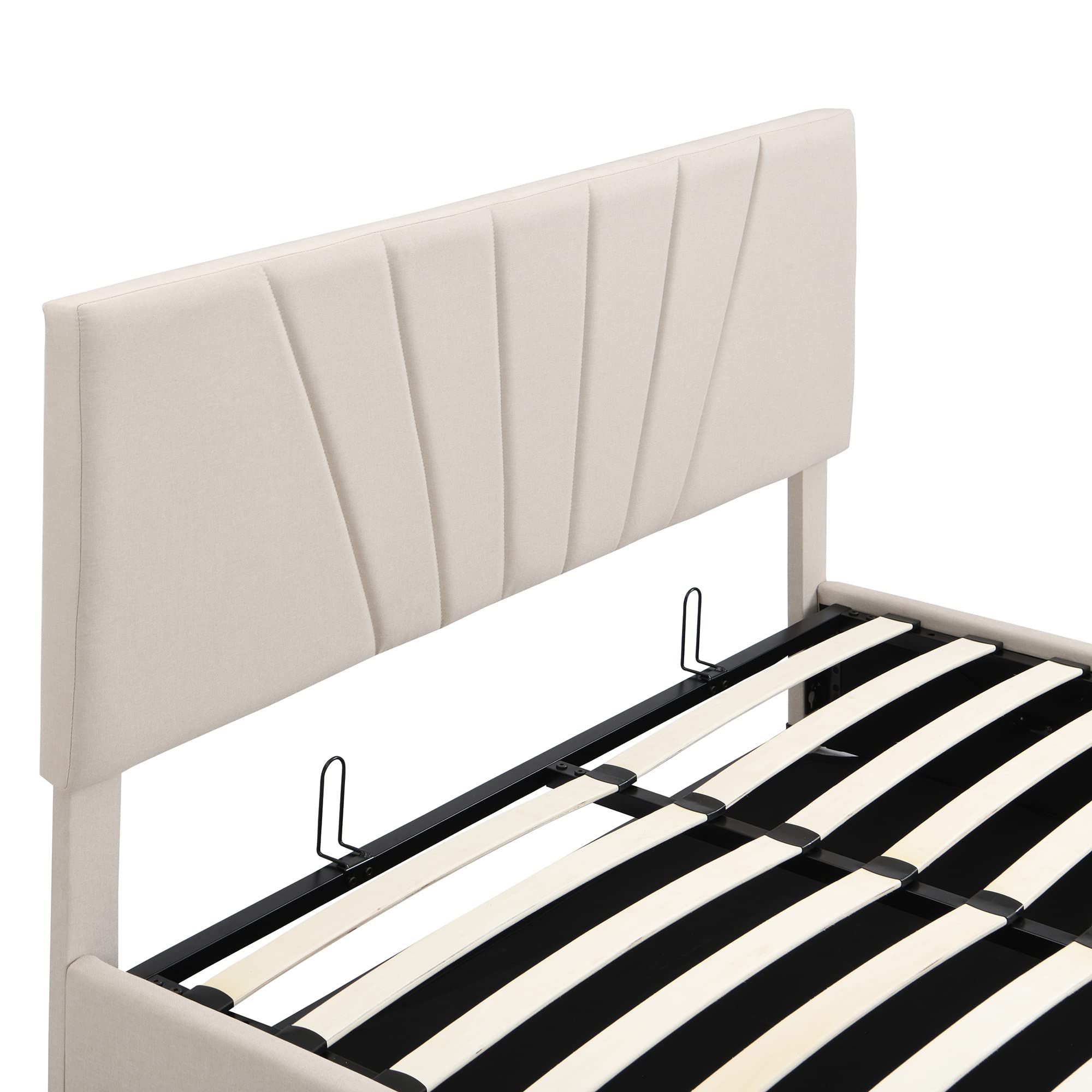 Full Size Upholstered Platform Bed with Hydraulic Storage & Headboard - Wood Slat Support, No Box Spring Needed, Beige - Perfect for Small Bedrooms & Modern Apartments