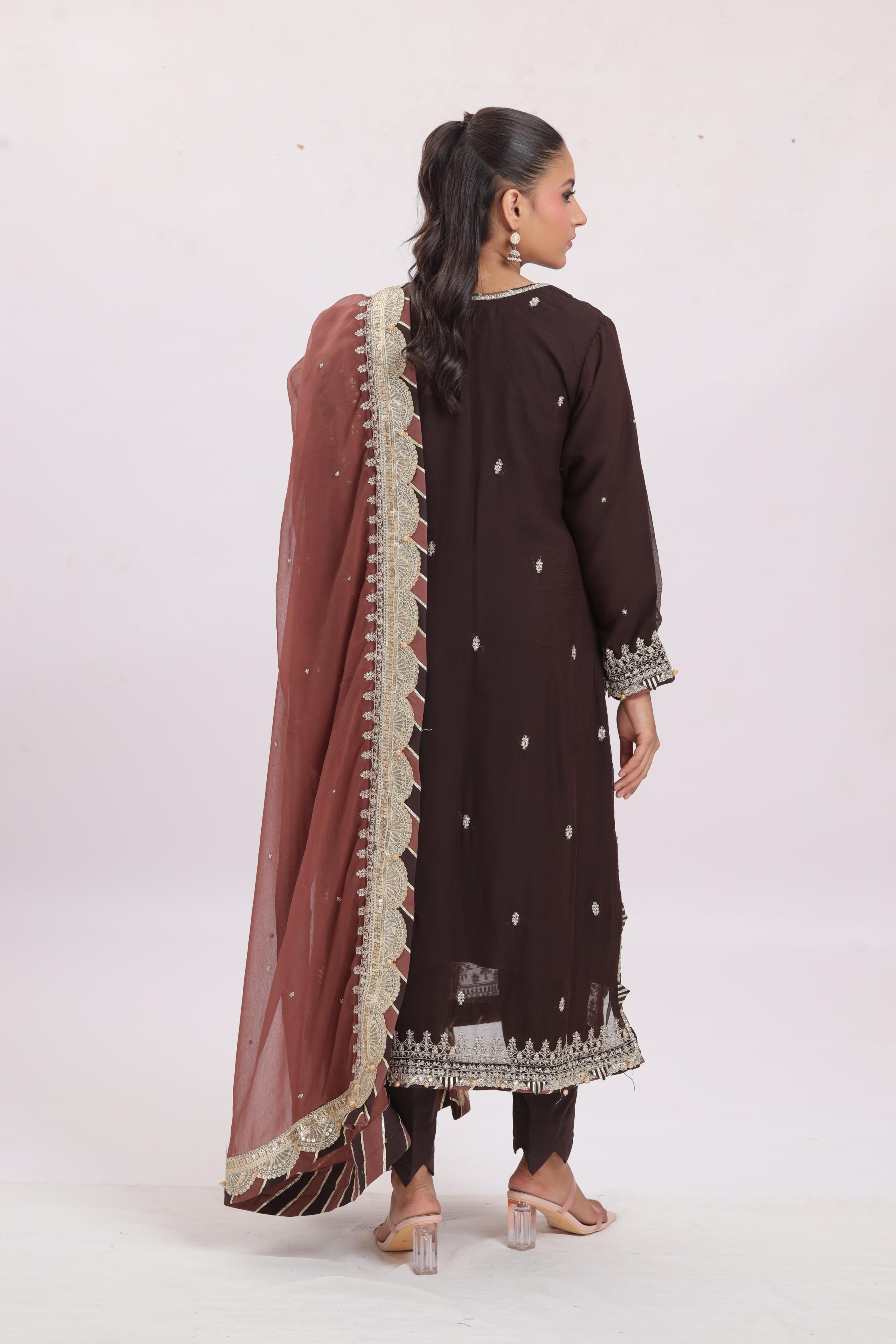 Elegant Chiffon Brown Stitched Suit by Asim Jofa - Perfect for Weddings, Parties & Formal Events