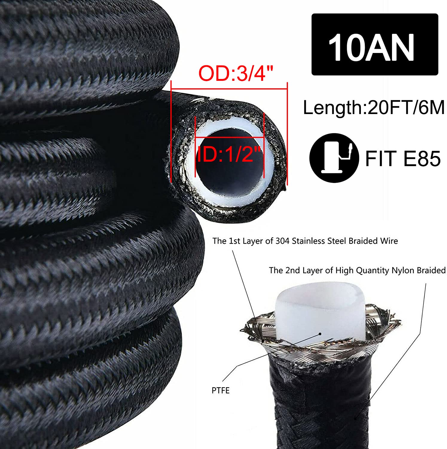 10AN 20FT PTFE Fuel Line Hose Kit - E85 Compatible Stainless Steel Nylon Braided Fuel Hose with 10PCS Swivel Fitting Adapters (Black) - Perfect for High Performance Cars, Racing Vehicles & Fuel System Upgrades