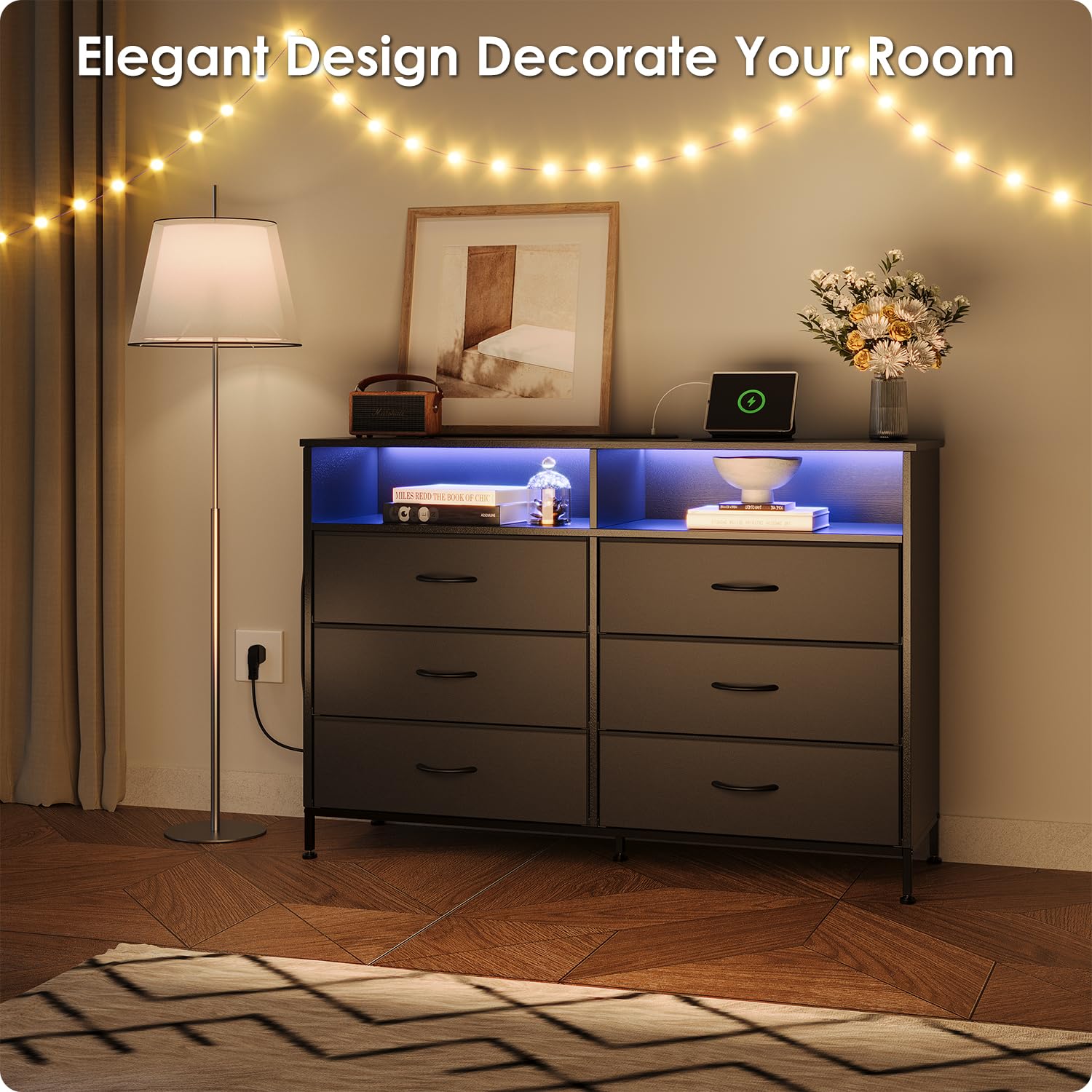 Modern Black 6-Drawer Wood Dresser with LED Lights & USB Charging Station - Bedroom Storage Cabinet with Extra Side Bag & Double Wide Drawers - TV Stand for 60