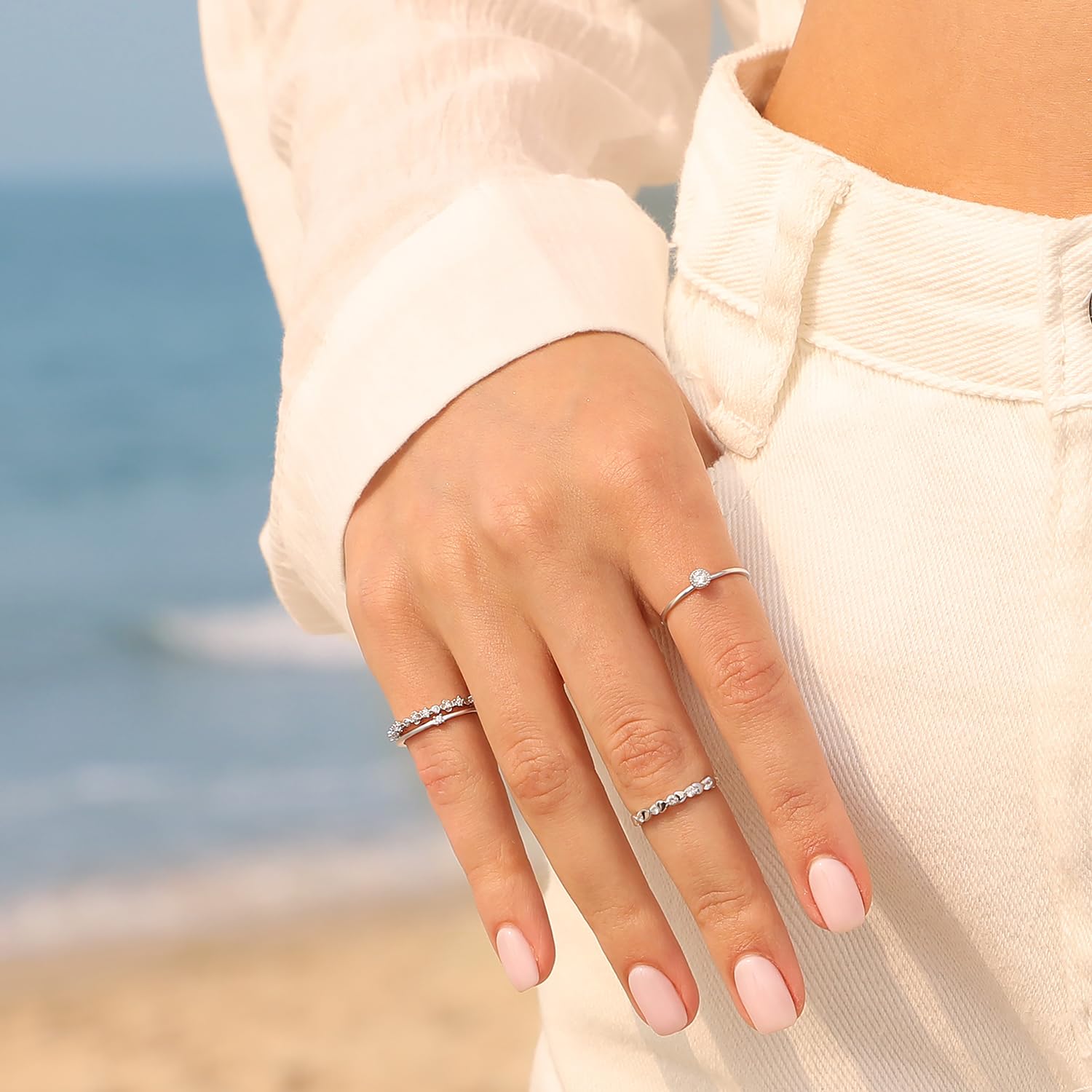 Elegant Gold Pleated Sterling Silver Cubic Zirconia Stackable Rings for Women - Handmade Gemstone Statement Jewelry with Birthstone Options (Silver, Size M 1/2) | Perfect for Weddings, Anniversaries & Everyday Fashion