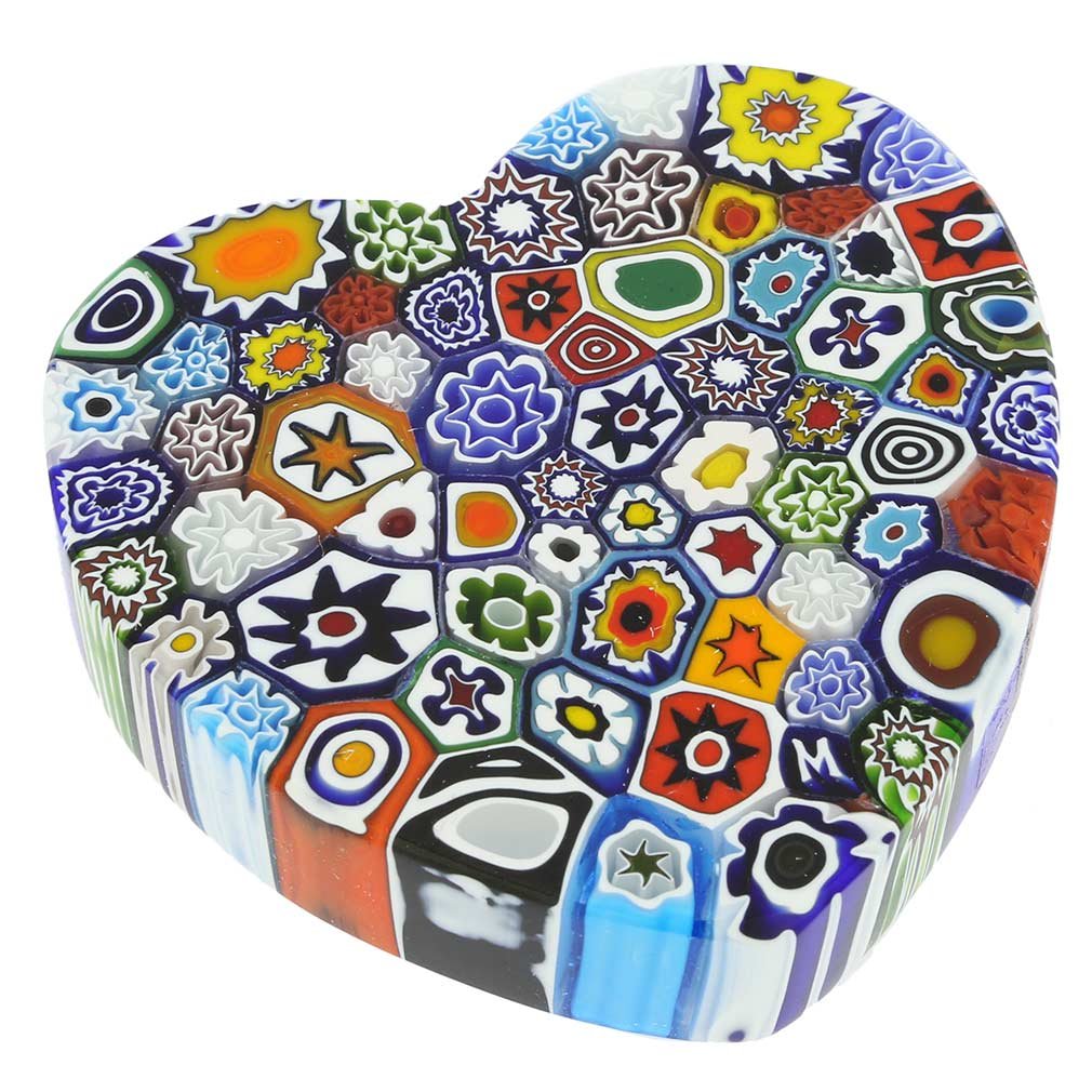 Venetian Murano Glass Millefiori Heart Paperweight - Large Handcrafted Italian Art Glass for Home Office Desk Decor | Perfect Gift for Valentine's Day, Anniversary & Wedding
