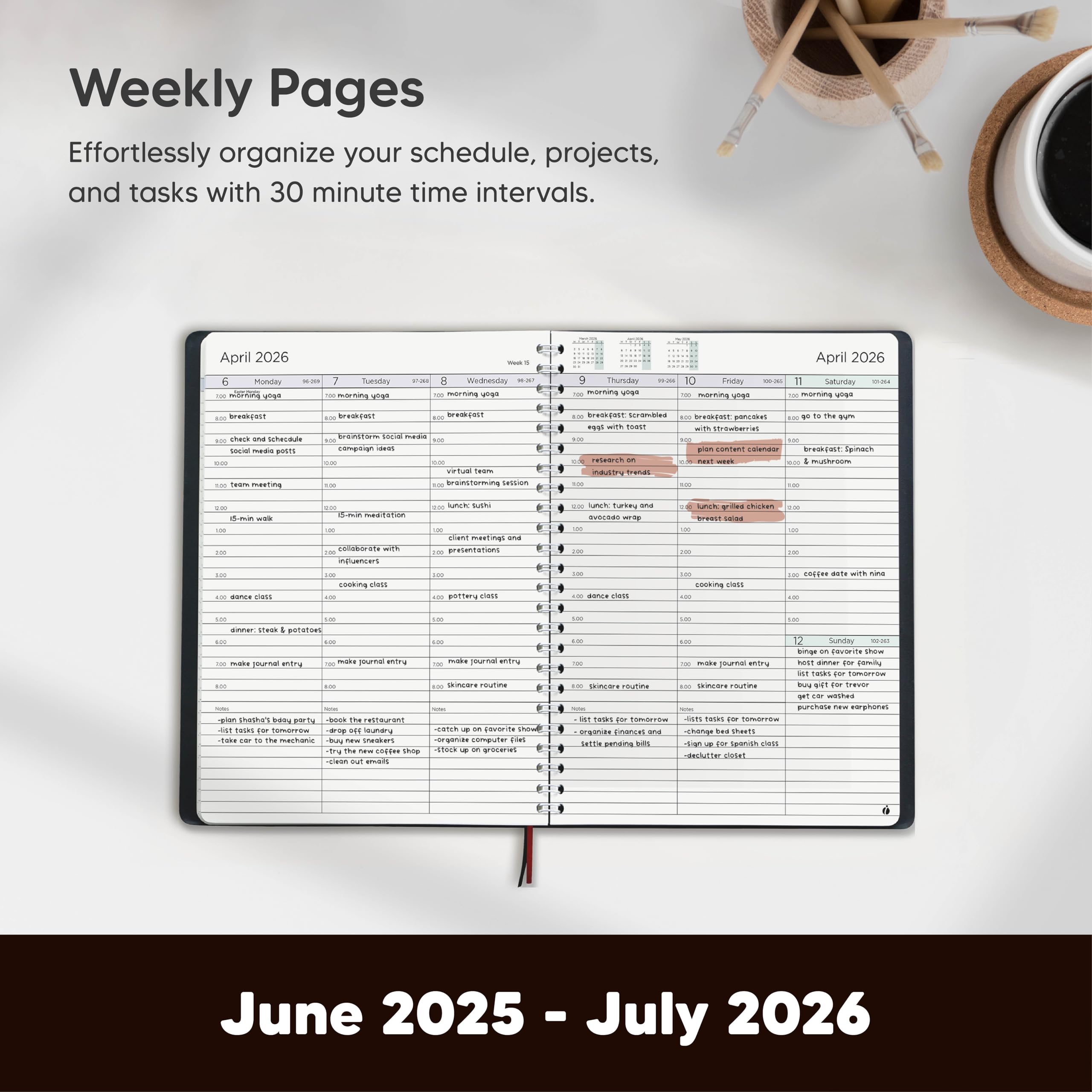 2025-2026 Academic Planner - Weekly & Monthly Hourly Appointment Book with Flexible Cover & Twin-Wire Binding - 6.5