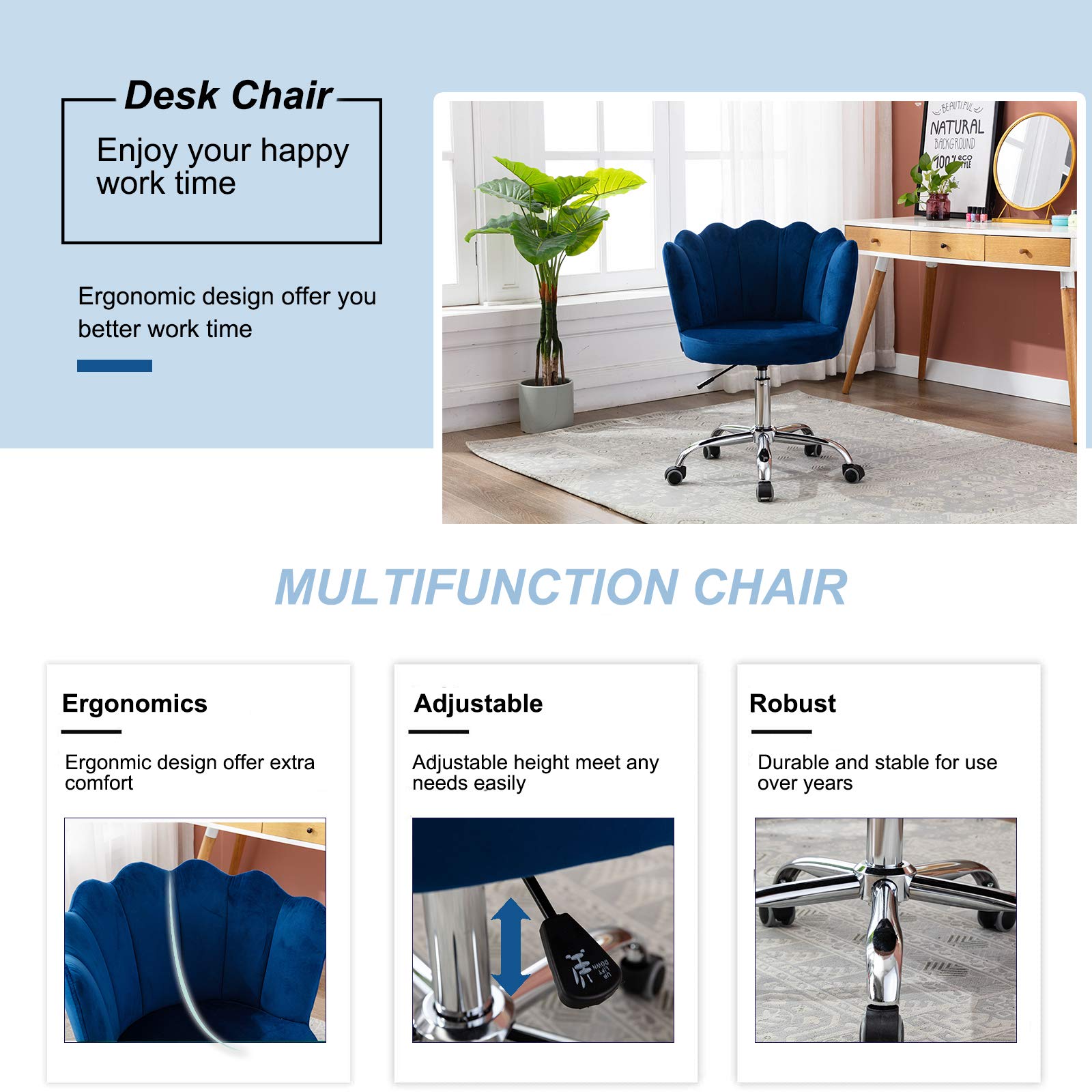 Ergonomic Modern Home Office Swivel Chair - Adjustable Height Shell Desk Chair with Upholstered Seat - Comfortable Computer Task Chair for Office, Living Room, Bedroom (TY2-Navy) - Perfect for Remote Work, Gaming & Study Sessions