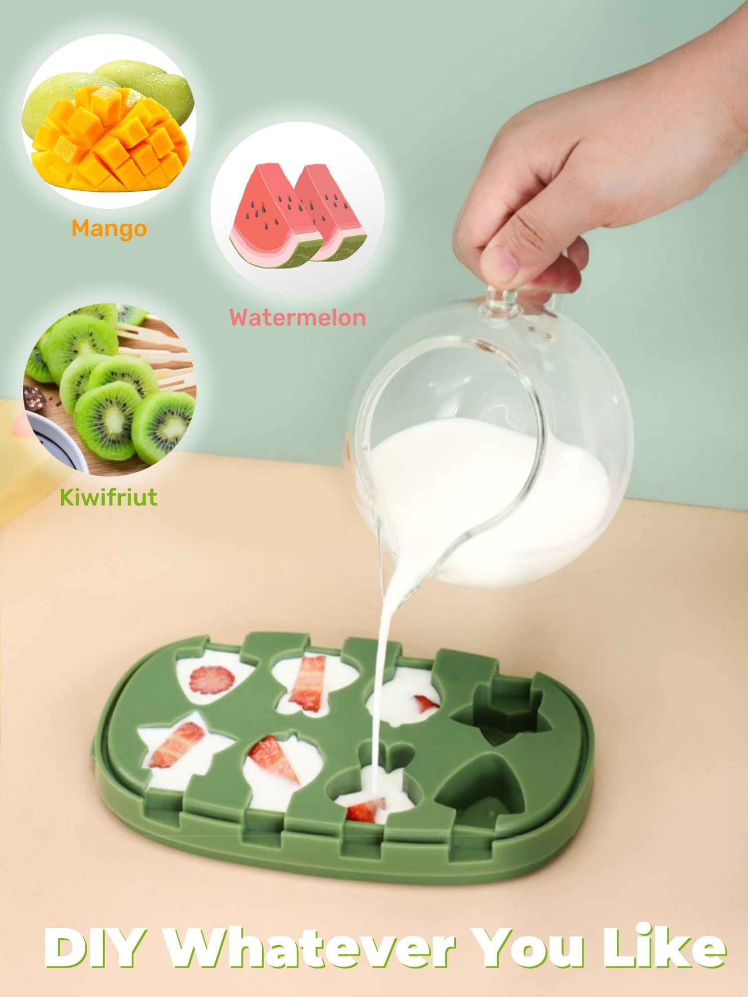 BPA Free Silicone Dinosaur Popsicle Molds Set - 8 Piece Fun Animal Shaped Ice Pop Makers for Kids, DIY Homemade Frozen Treats - Perfect for Summer Parties, Snacks & Family Fun (Green Crocodile Design)