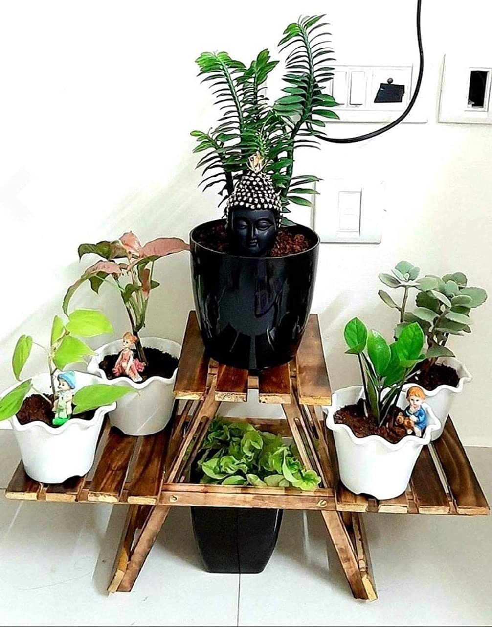 PSQURMART Mango Wood Flower Pot Stand Planter - Handmade Rustic Indoor/Outdoor Plant Holder for Home & Garden Decor - Perfect for Succulents, Herbs & Small Plants