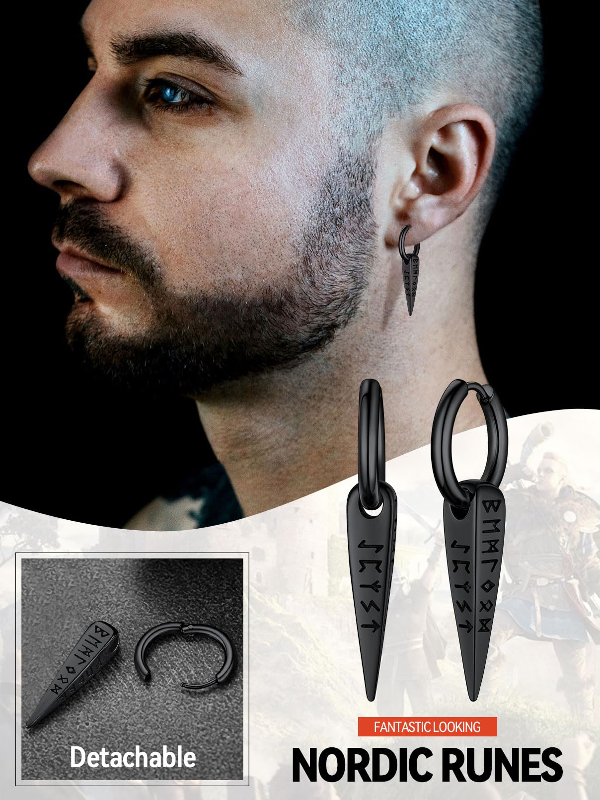 FaithHeart Norse Viking Runes Hoop Earrings for Men - Hypoallergenic Stainless Steel Punk Huggie Earrings - Norse Mythology Jewelry Gifts with Delicate Packaging - Perfect for Viking Lovers, Cosplay & Everyday Wear