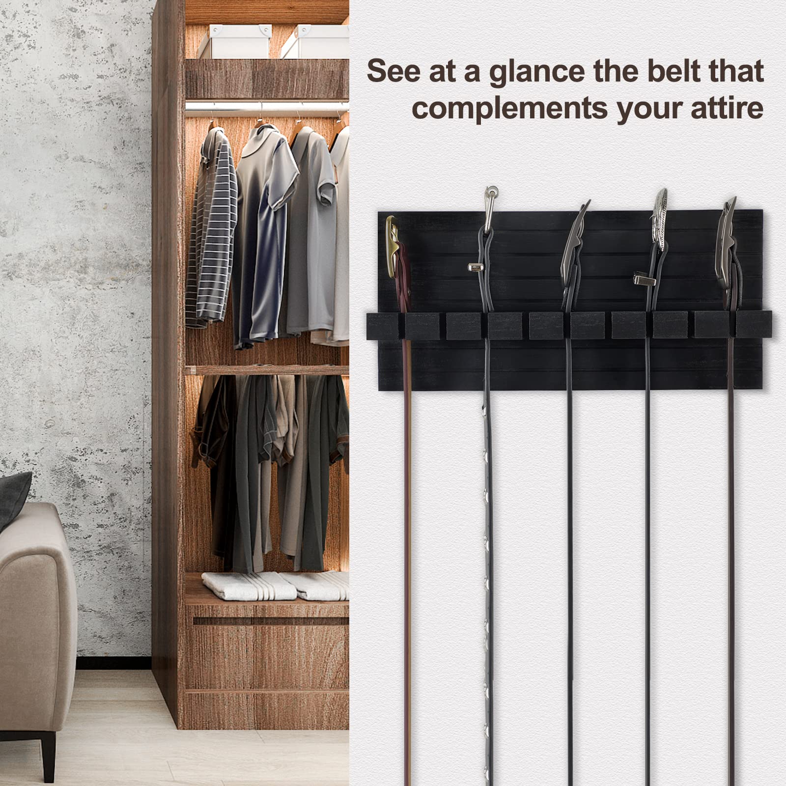 Space-Saving Belt Organizer for Closet - Wall Mount Belt Hanger Holds 9 Belts Securely Without Slipping - Includes Mounting Hardware (11.8”x5.5”x2.5”, Black) - Perfect for Closet Organization, Bedroom Storage & Small Space Living