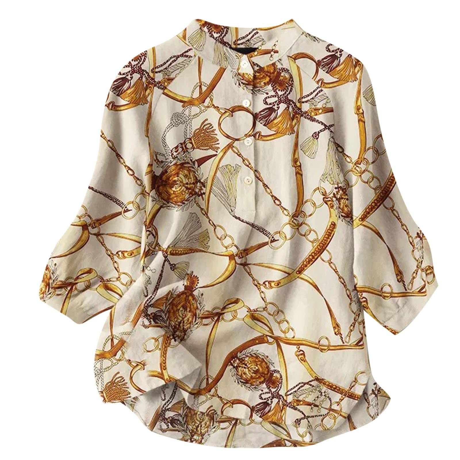 Women's Lapel V-Neck Mushroom Print Shirts - Summer Cotton Linen Long Sleeve Button Down Blouses for Work, Office & Casual Outfits