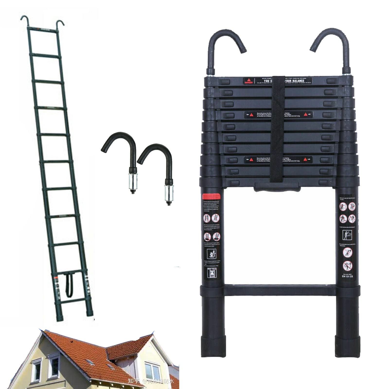 10FT Aluminum Telescoping Ladder - 330 LB Capacity EN131 Certified Extension Ladder with 2 Detachable Roof Hooks | Collapsible Design Extends to 126