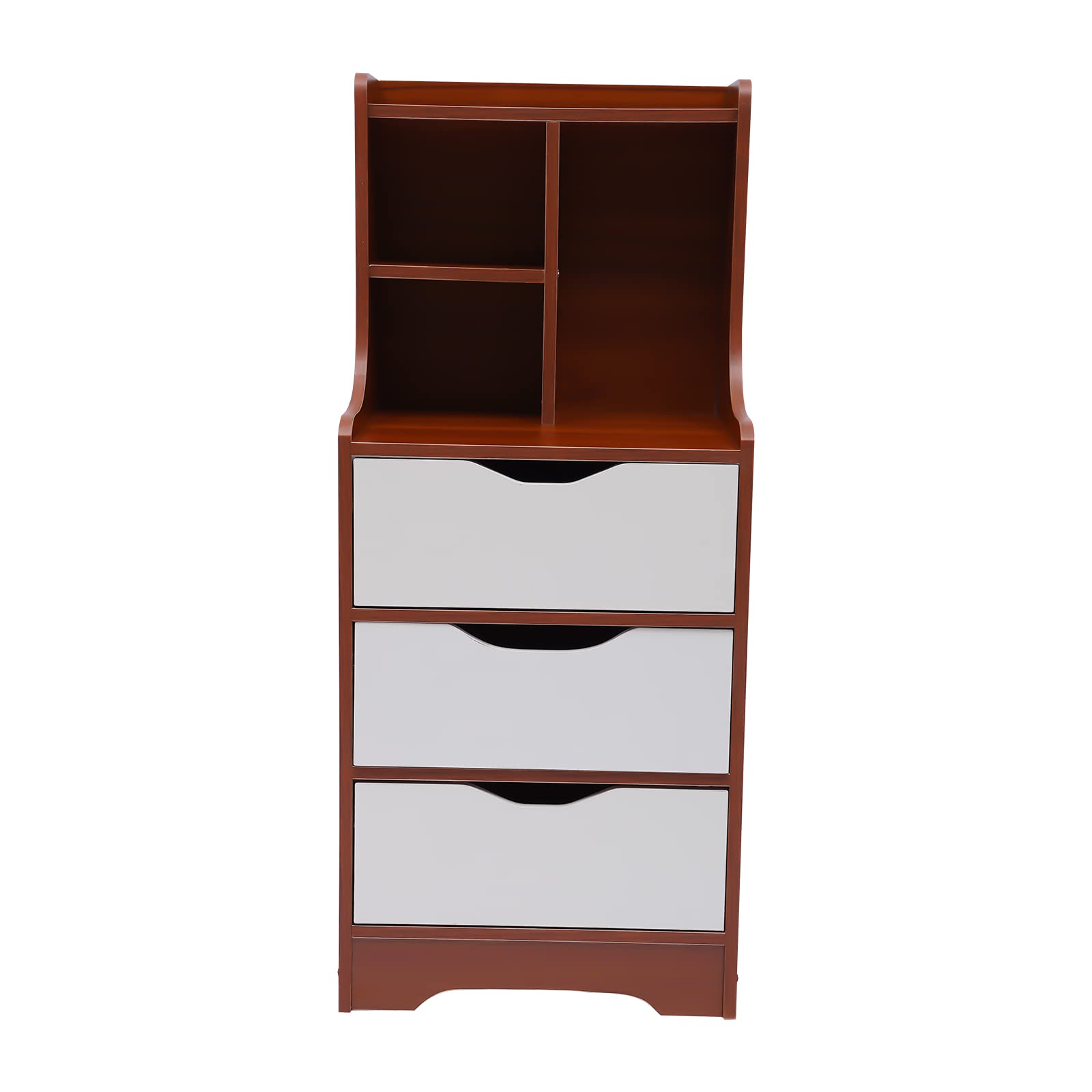 Eapmic 3-Drawer Dresser with Top Cabinet & Open Shelf - Nightstand, Bedside Table, Chest of Drawers for Bedroom, Living Room, Home Office - White & Dark Brown - Wide Storage Space for Clothes, Books & Decor