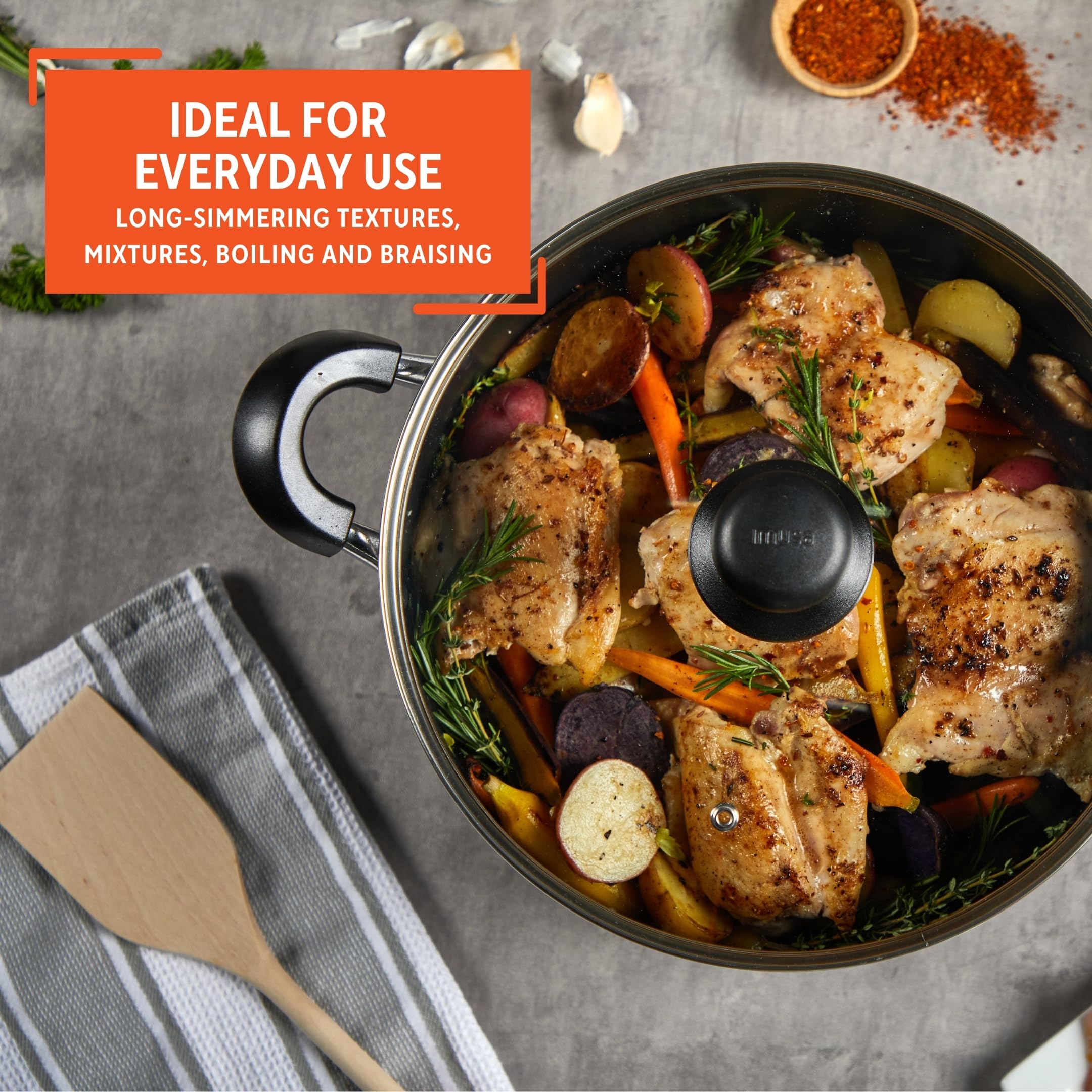 IMUSA USA 10 Quart Nonstick Hammered Exterior Dutch Oven with Glass Lid, Gray - Perfect for Braising, Stewing, and Slow Cooking Soups & Stews