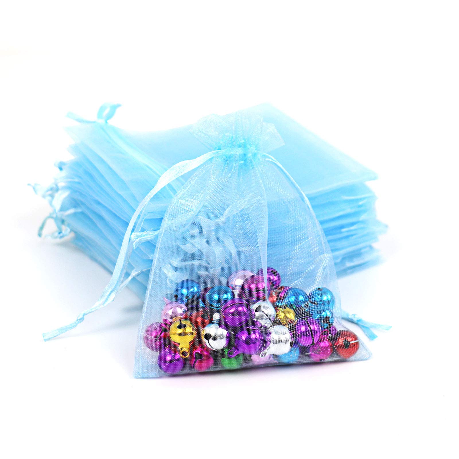 100Pcs Sky Blue Organza Drawstring Bags 3.5x4.5 Inches - Premium Mesh Gift Bags for Christmas, Wedding Favors, Jewelry Packaging & Party Decorations