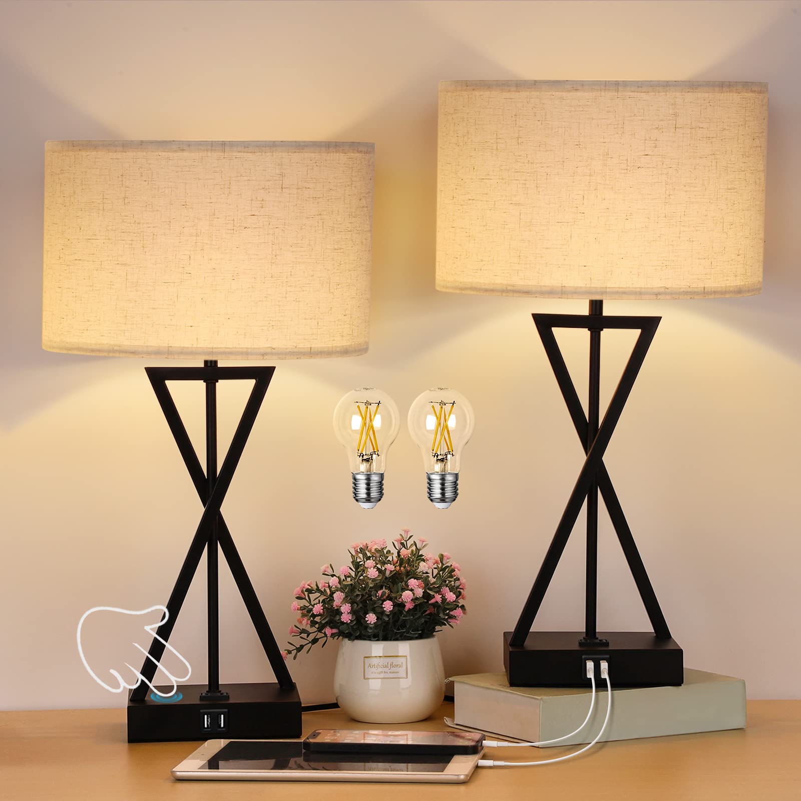 2 Pack USB Touch Control Table Lamps - 3-Way Dimmable Bedside Nightstand Lights for Bedroom, Living Room & Office with Included Bulbs (White) | Perfect for Reading, Working & Creating Cozy Ambiance