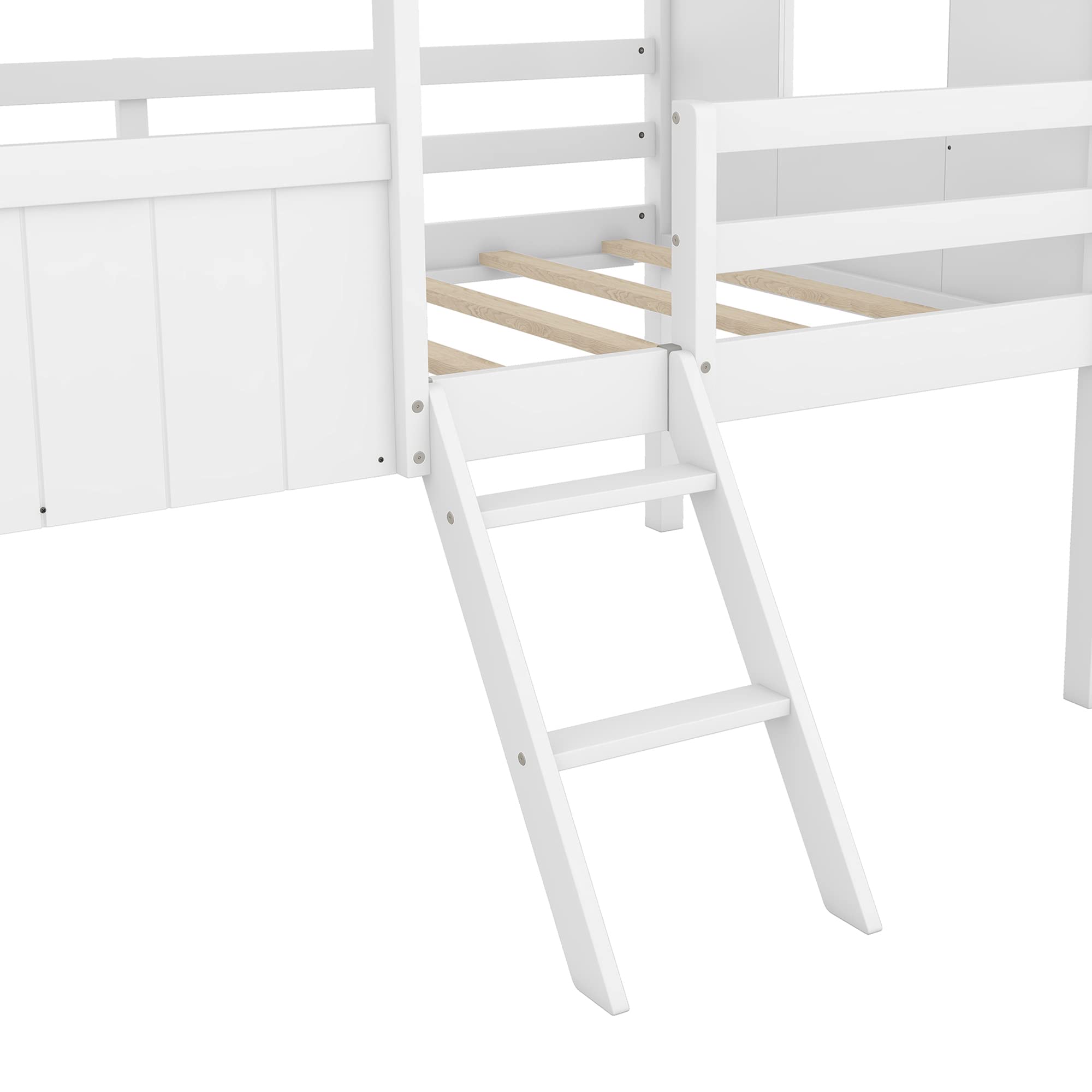 Harper & Bright Designs Twin Size Wooden House Bed Frame for Kids & Teens - Low Loft Bed with Side Windows & Roof - No Box Spring Needed (White+Gray) - Perfect for Small Bedrooms, Playrooms & Kids' Sleepovers