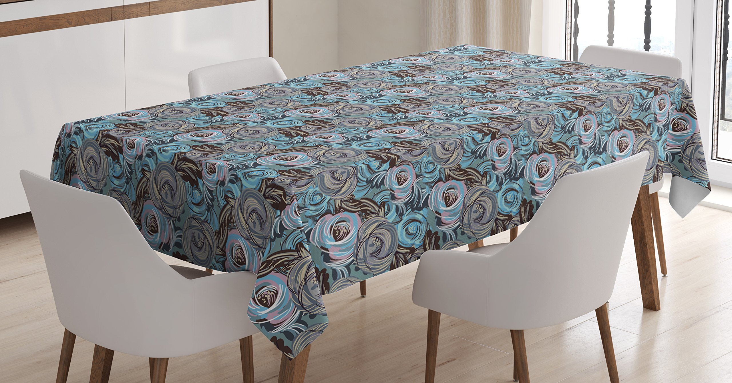 Ambesonne Floral Tablecloth - 60x90 Inch Rectangular Dining Table Cover with Botanical Roses & Impressionist Design, Grey Cadet Blue Pale Pink | Perfect for Kitchen Decor, Dinner Parties & Outdoor Picnics