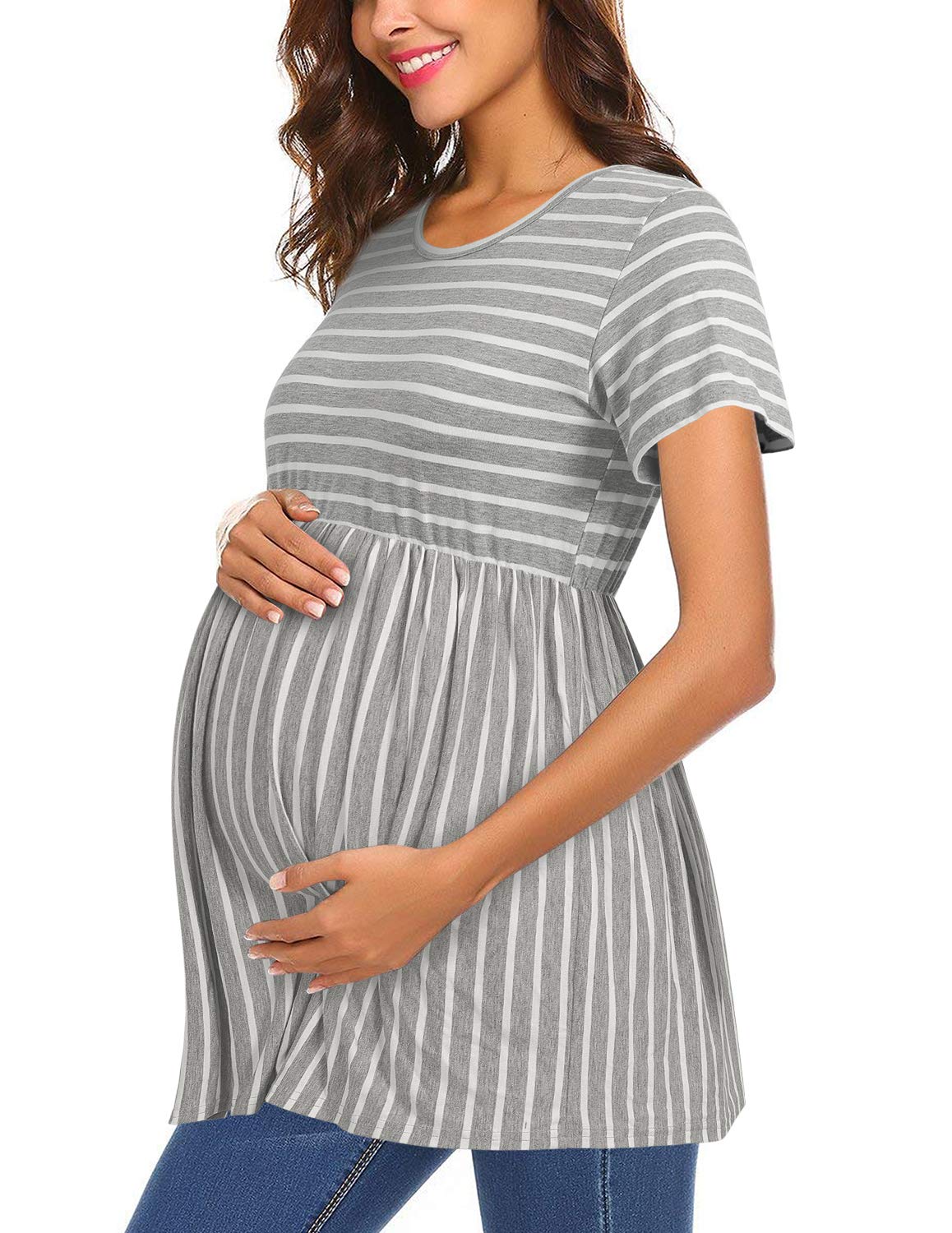 Flattering Maternity Tops for Women - Comfortable Short Sleeve Pleated Pregnancy Shirts - Perfect for Work, Casual Wear & Baby Showers