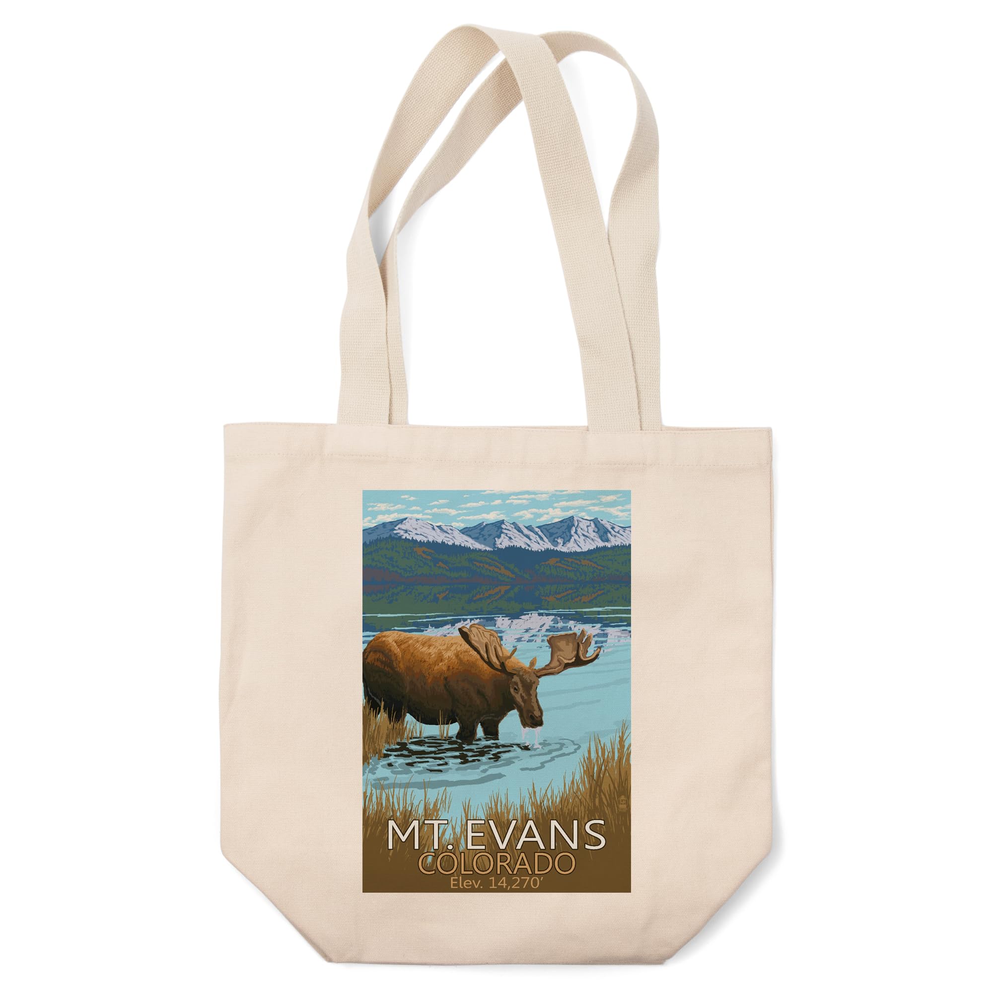 Lantern Press Mt. Evans Colorado 14,270ft Moose and Lake Cotton Canvas Reusable Tote Bag - Eco-Friendly Shopping & Beach Tote for Groceries, Books & Travel
