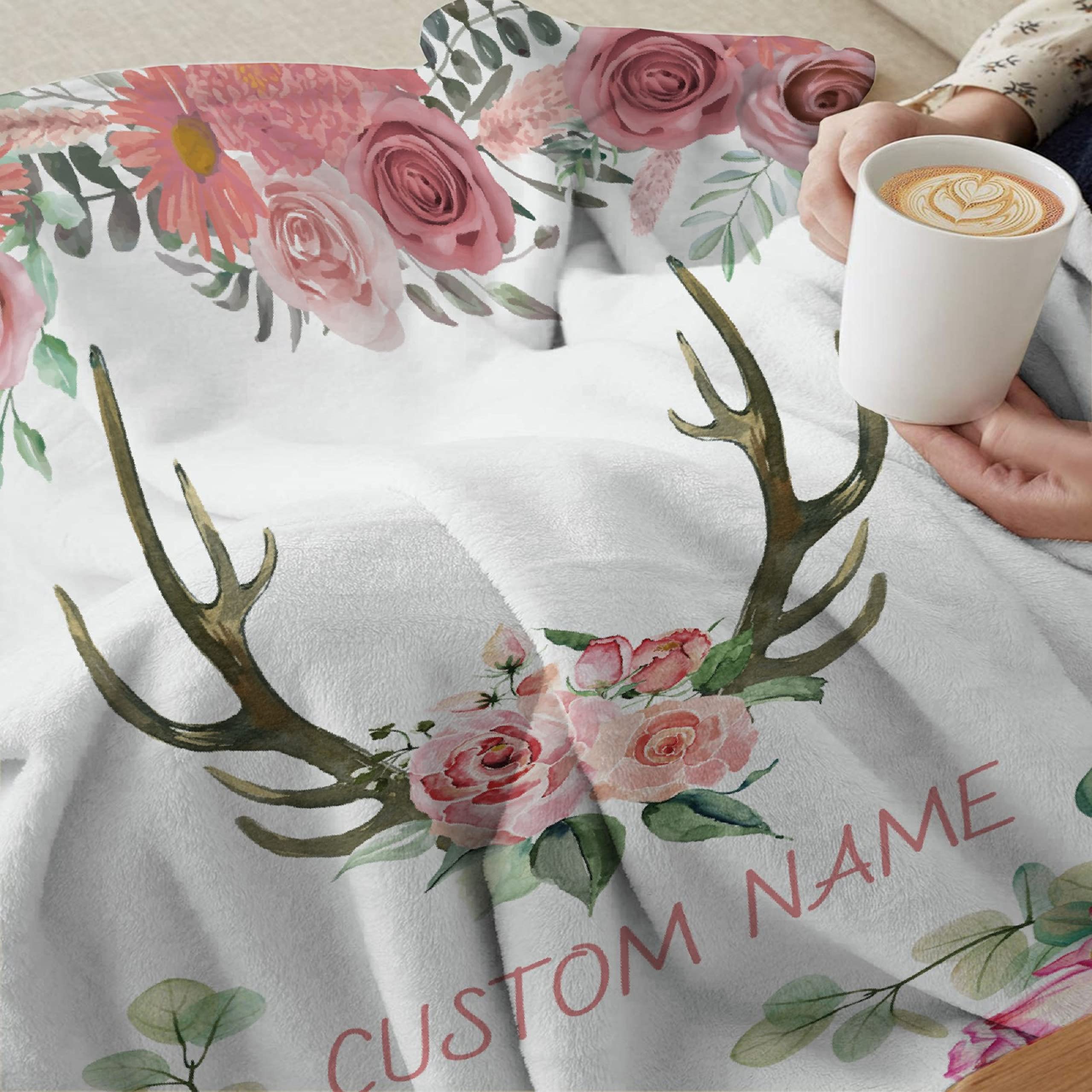 Personalized Baby Blanket with Name - Deer Horns & Floral Pink Design - Custom Fleece Blanket for Girls, Boys, Kids - Perfect Baby Shower, Birthday Gift for Daughter, Granddaughter, Niece - 120