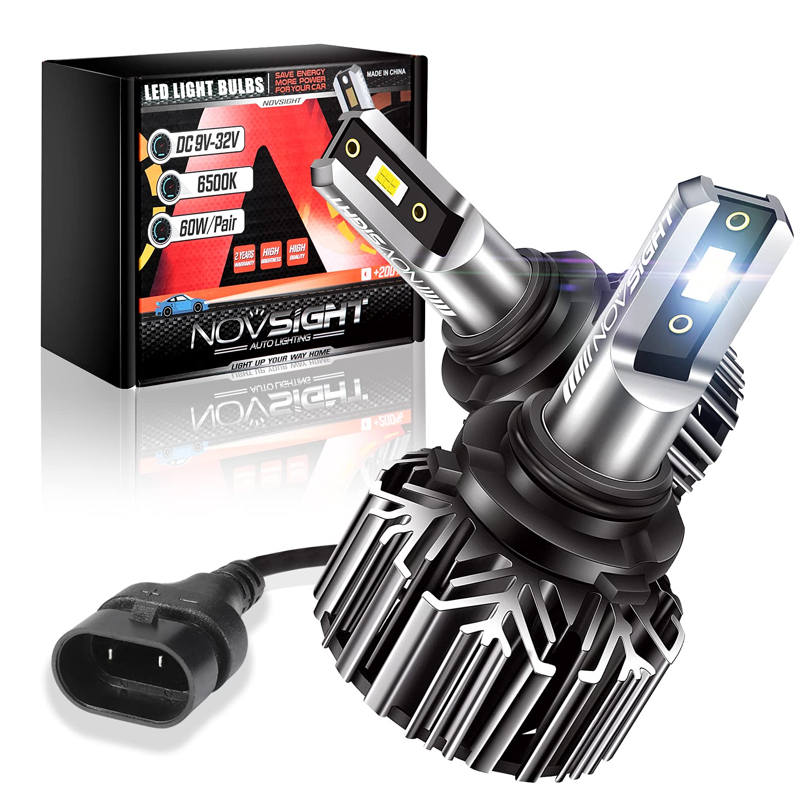 NOVSIGHT 9005/HB3 LED Headlight Bulbs - 13000 Lumens 60W Conversion Kit, 300% Brighter Halogen Replacement, Easy 5-Minute Installation (Pack of 2) - Perfect for Night Driving, Foggy Conditions & Off-Road Adventures