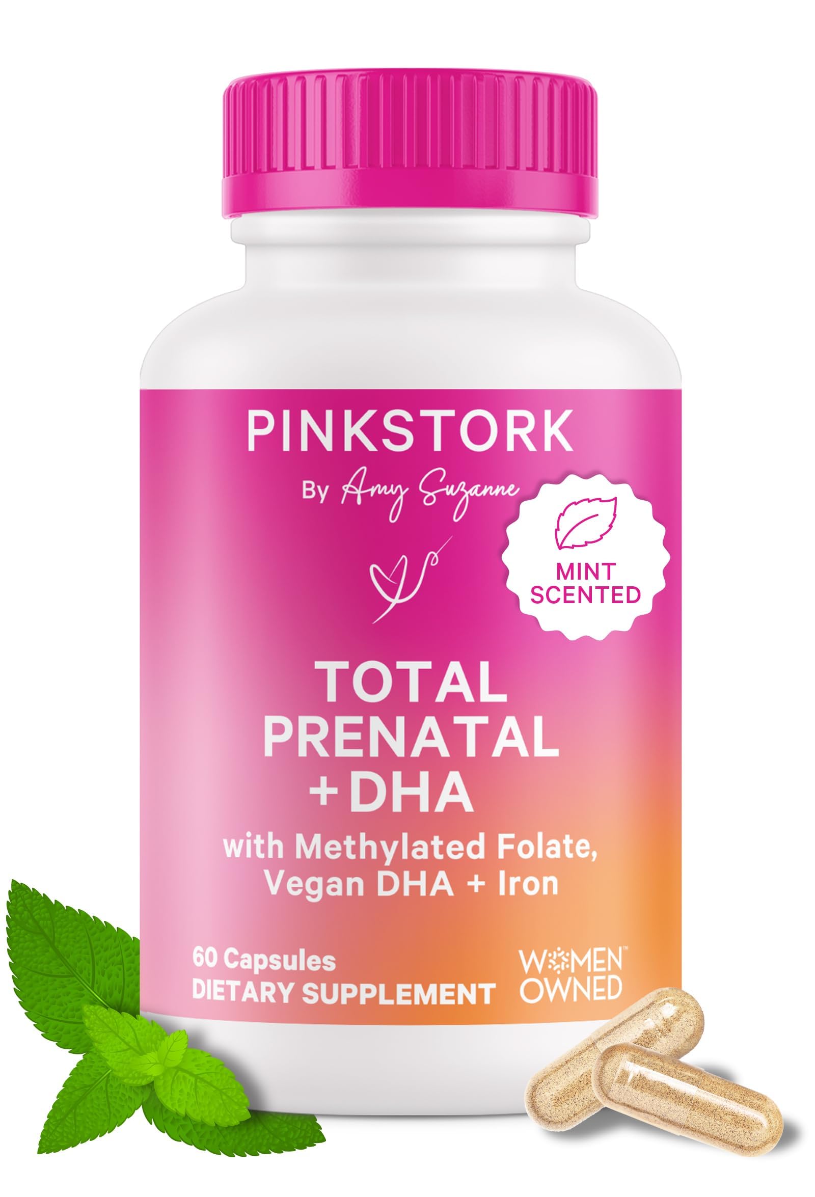 Pink Stork Total Prenatal Vitamins with DHA, Folate, Iron, Choline & Vitamin B12 - Preconception & Pregnancy Supplement for Women - Mint Essence, 60 Capsules (1 Month Supply) - Supports Fertility, Fetal Development & Maternal Health