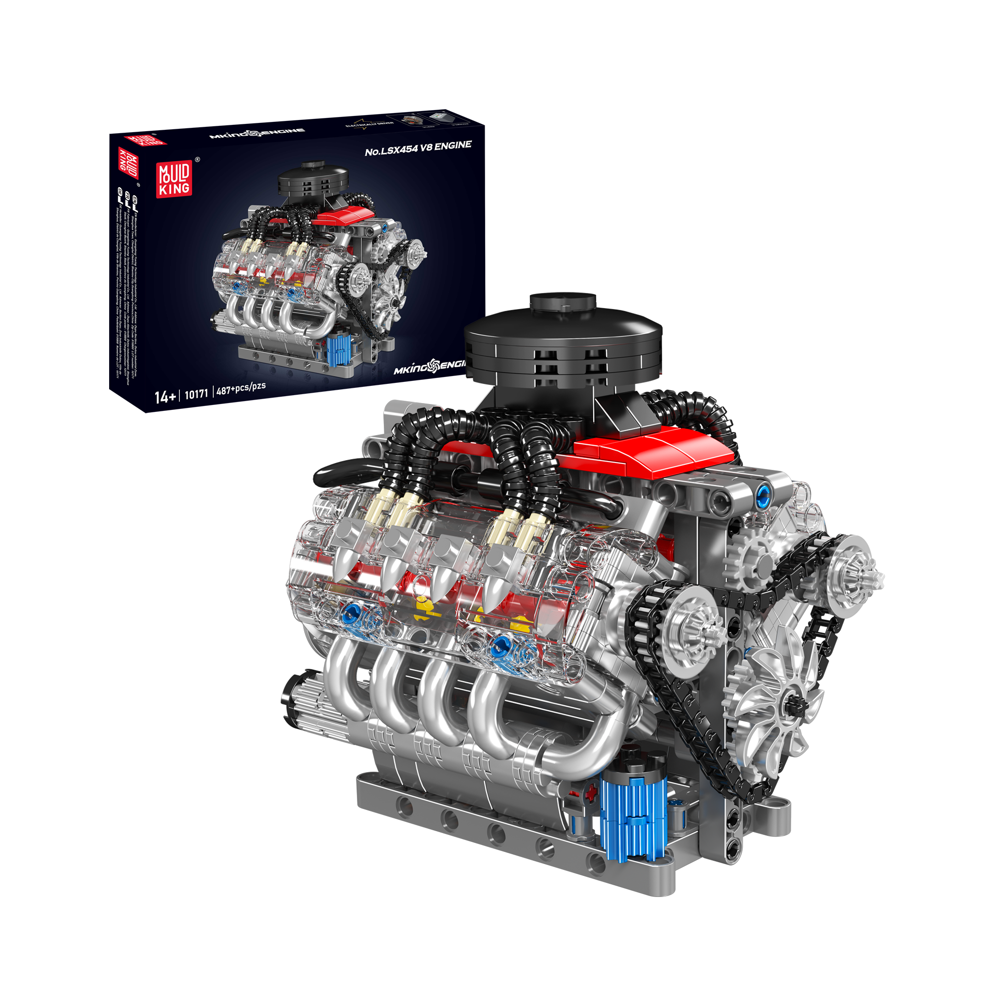 Mould King 10171 Chevy LSX454 Motorized V8 Engine Building Kit - 487 Piece Model Car Engine Set for Adults & Teens - Perfect for STEM Learning, Car Enthusiasts & DIY Projects