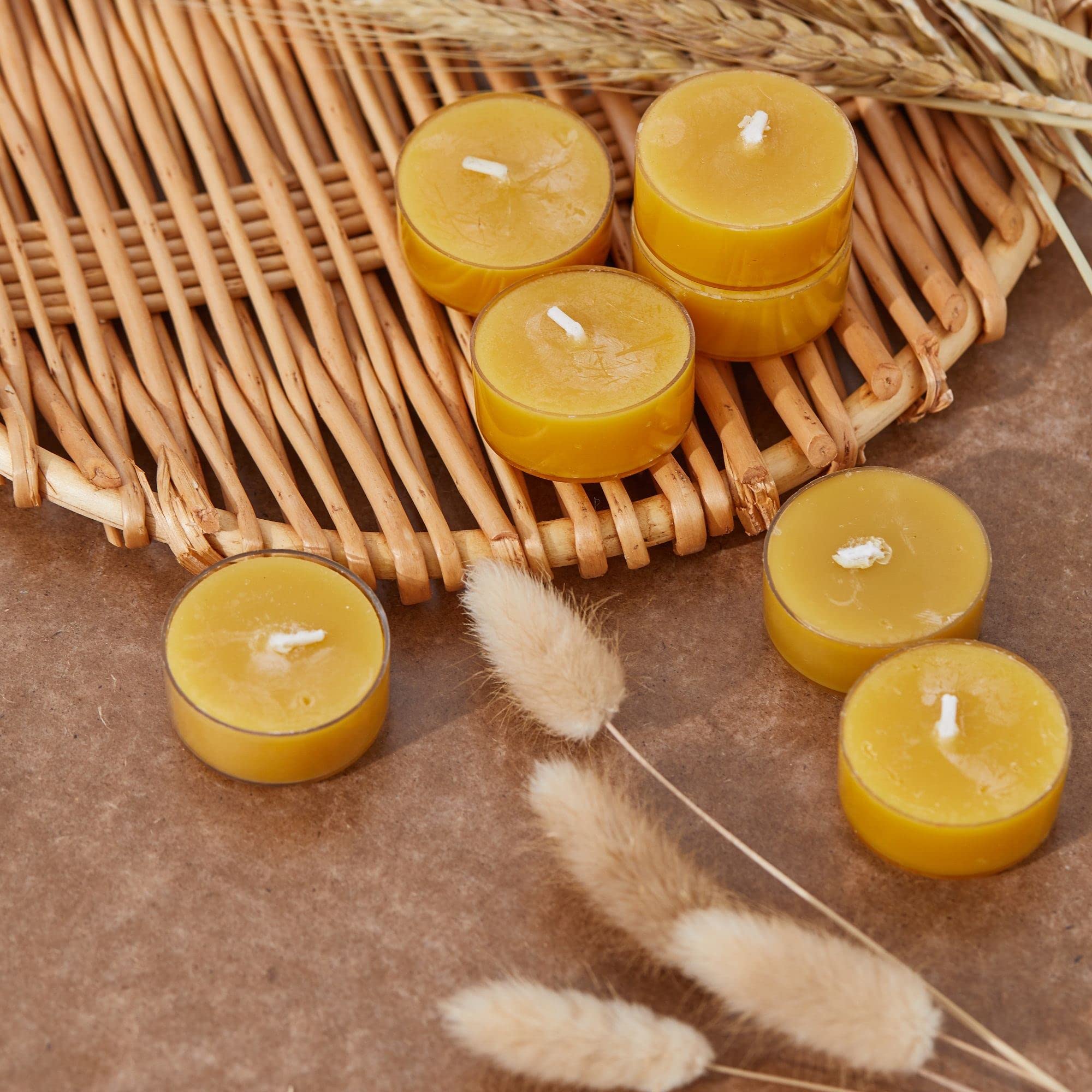 12-Pack Pure Beeswax Tea Light Candles | Handmade Natural Beeswax Candles with 4-Hour Burn Time | Clear Cup Design for Home Decor, Romantic Dinners & Aromatherapy